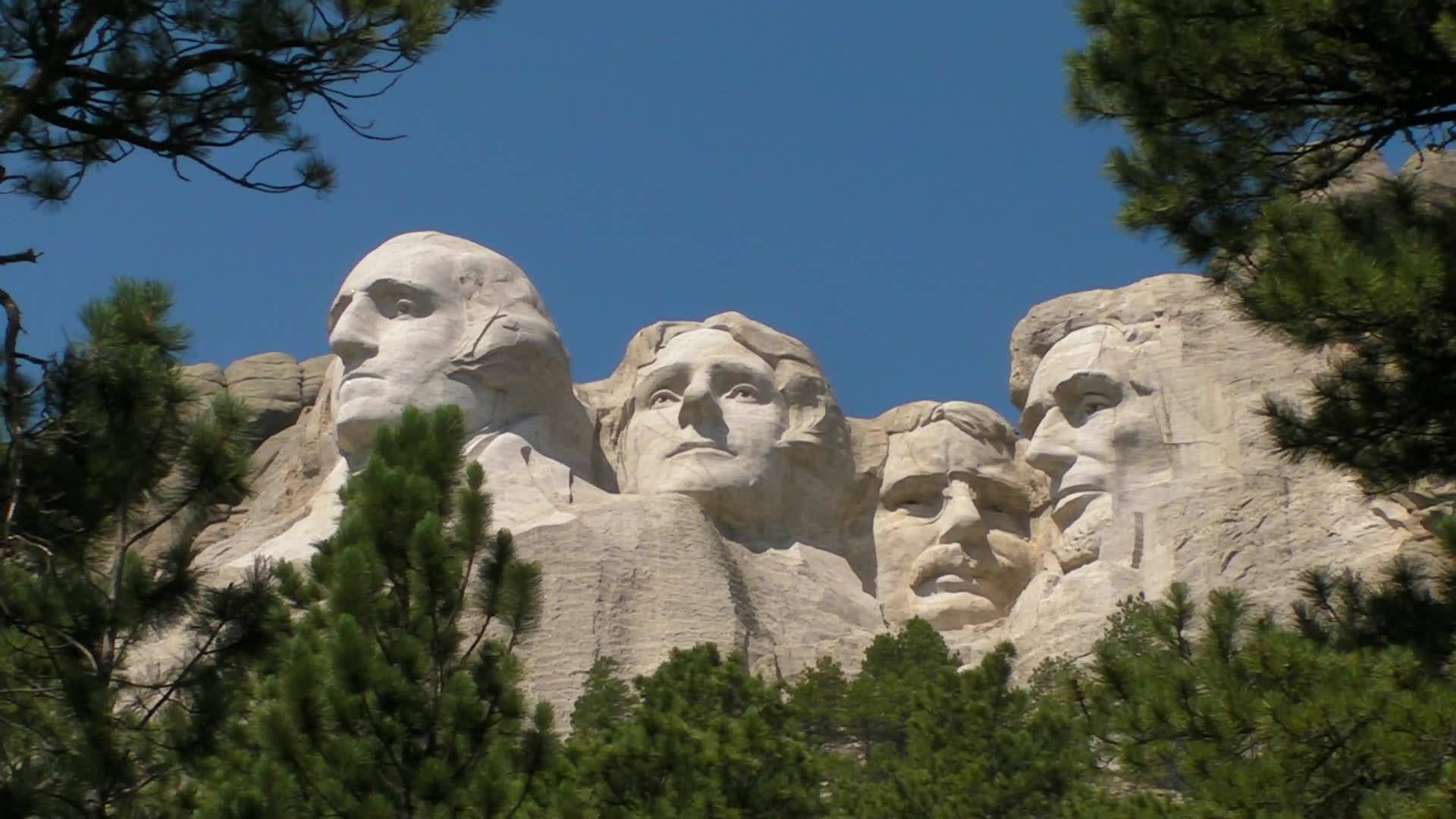 Mount Rushmore, pine trees, clear blue sky, Full HD Desktop Wallpaper