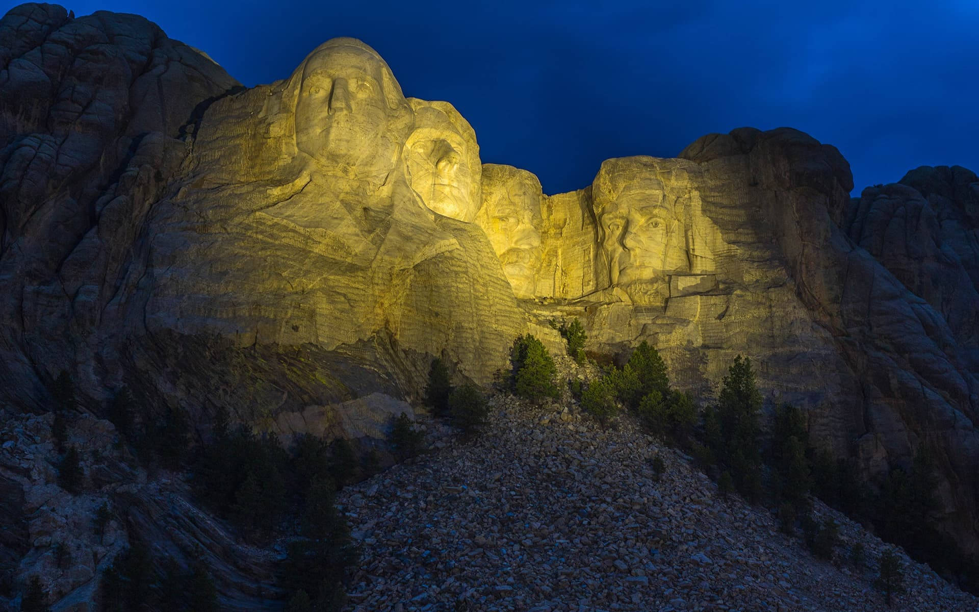 Mount Rushmore, golden lights, dusk, Full HD Desktop Wallpaper