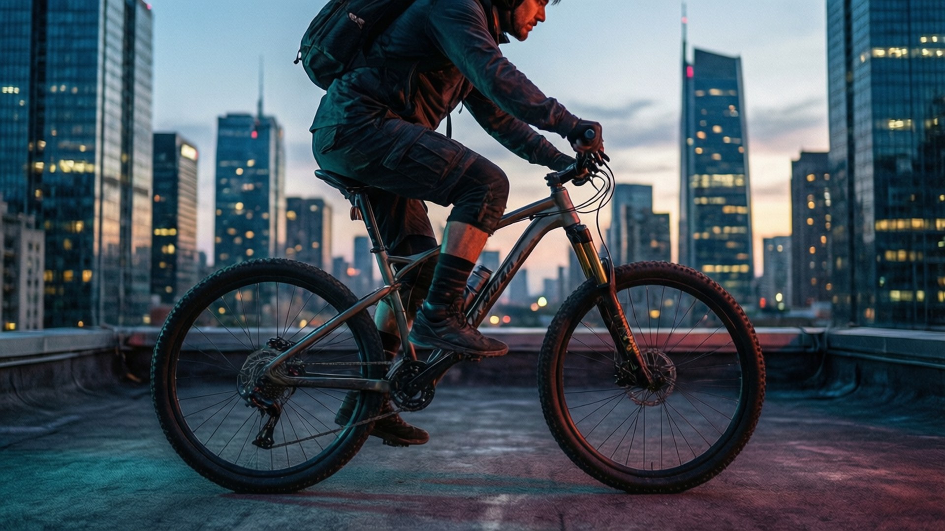 urban rooftop cruise, mountain bike, dusk, Full HD Desktop Wallpaper