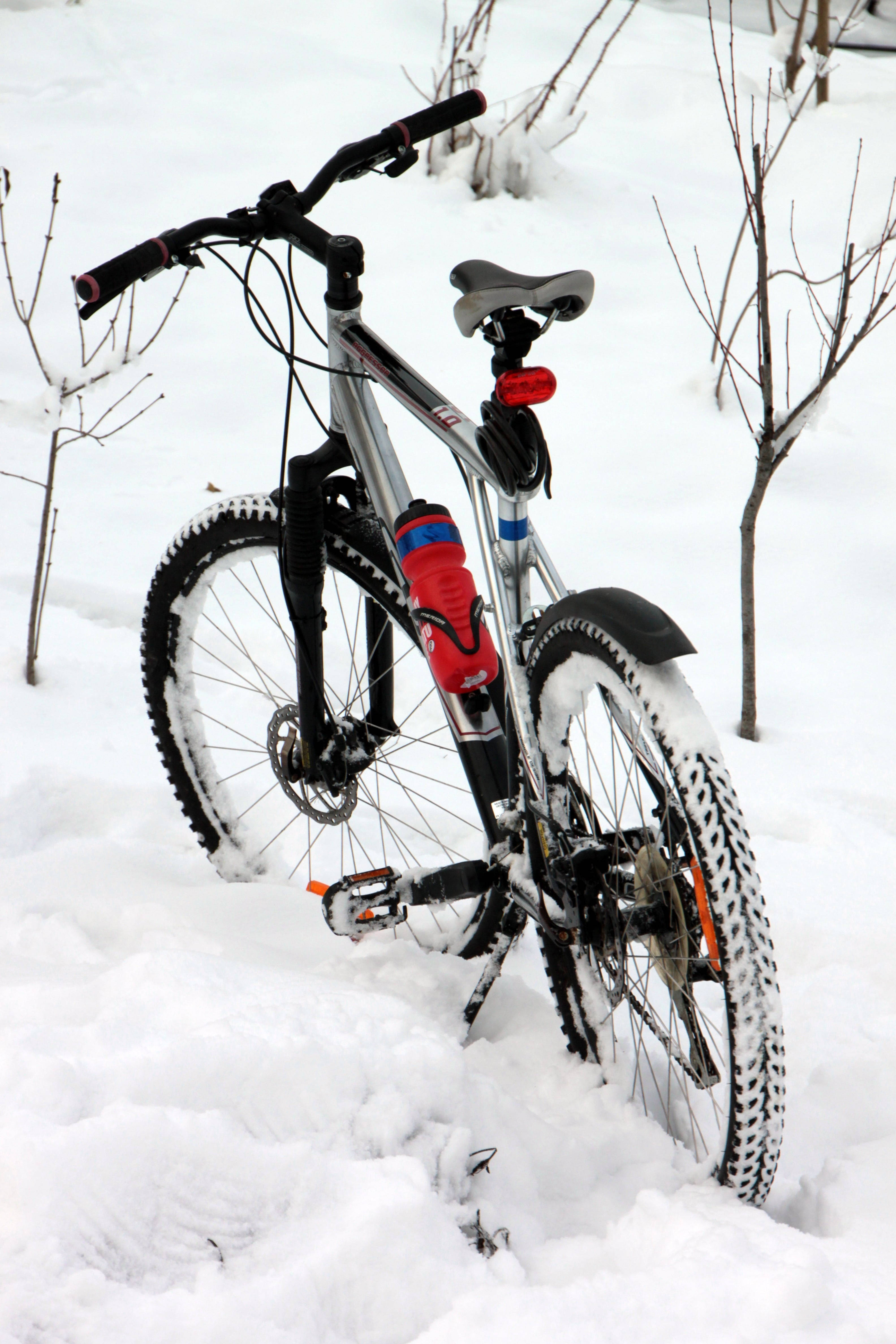 mountain bike, fresh snow, winter yard, 4K Phone Wallpaper