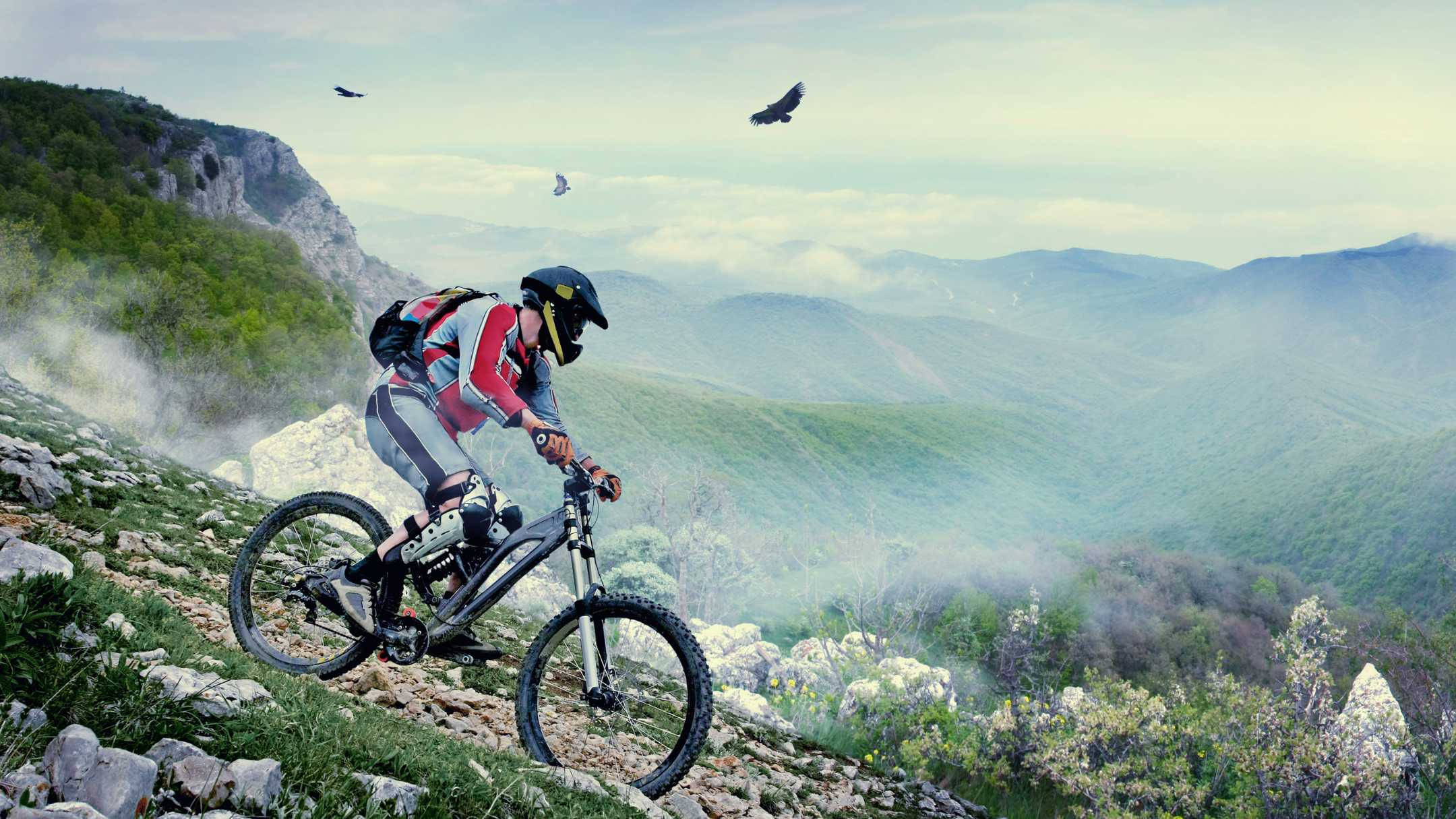 mountain biker, rocky trail, misty mountain ridge, Full HD Desktop Wallpaper