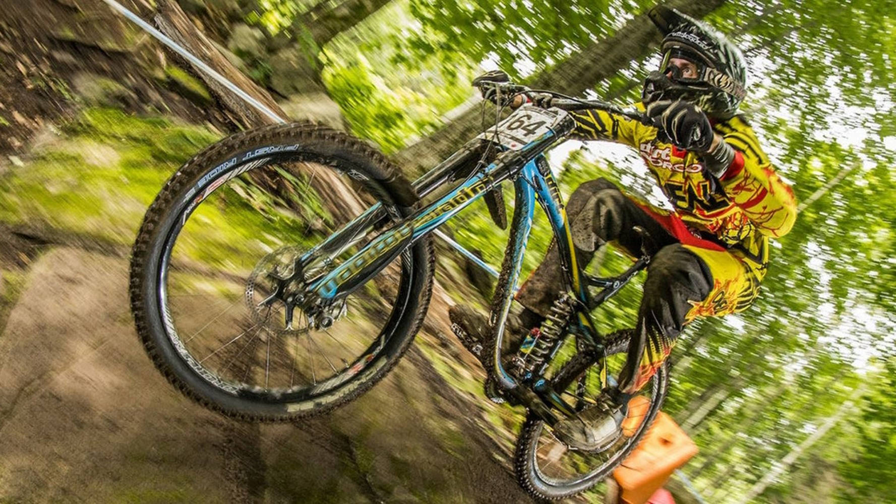 mtb race biker 164, forest trail, mid-air, HD Desktop Wallpaper