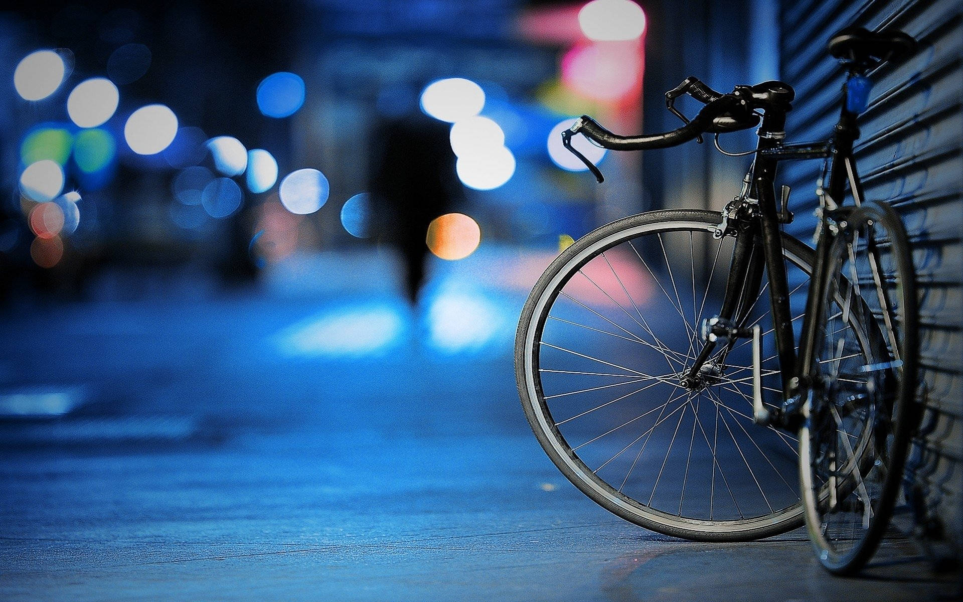 mountain bike, neon-drenched city street, night, Full HD Desktop Wallpaper