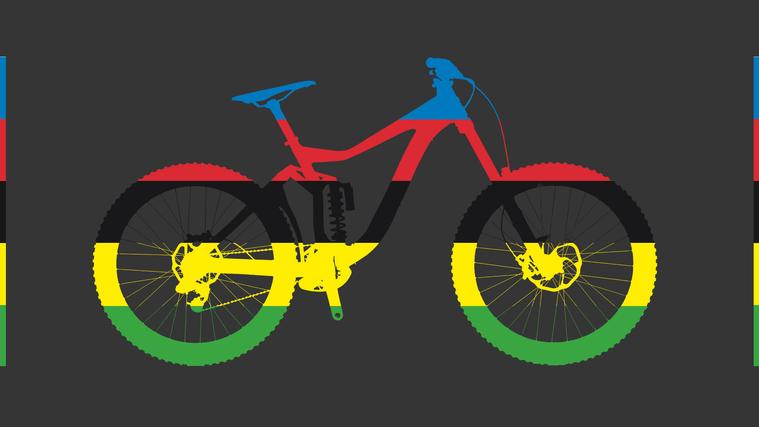 colorful mountain bike, red yellow and green stripes, dark gray background, 2K Desktop Wallpaper