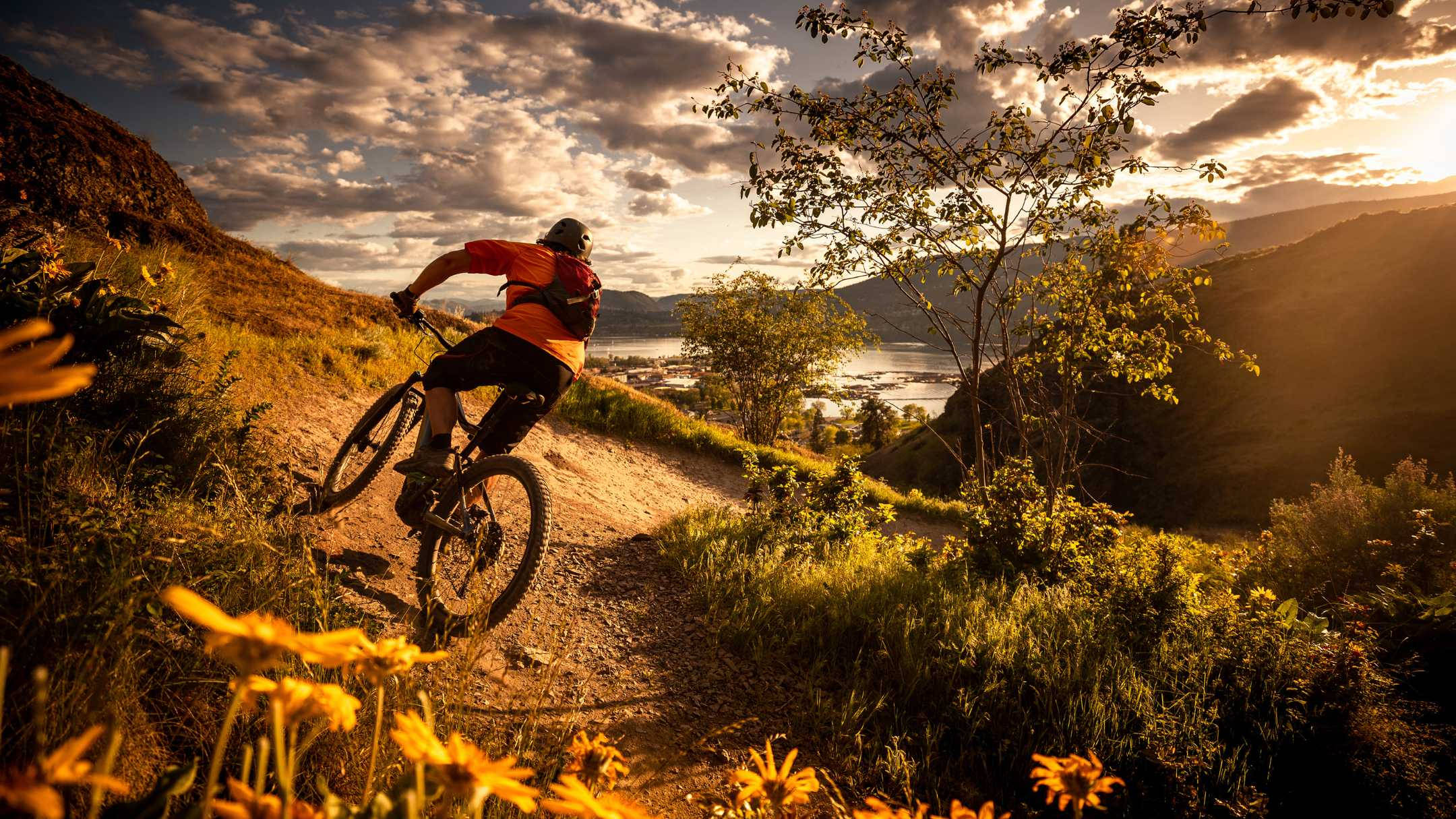 sunset, hillside, dirt trail, Full HD Desktop Wallpaper