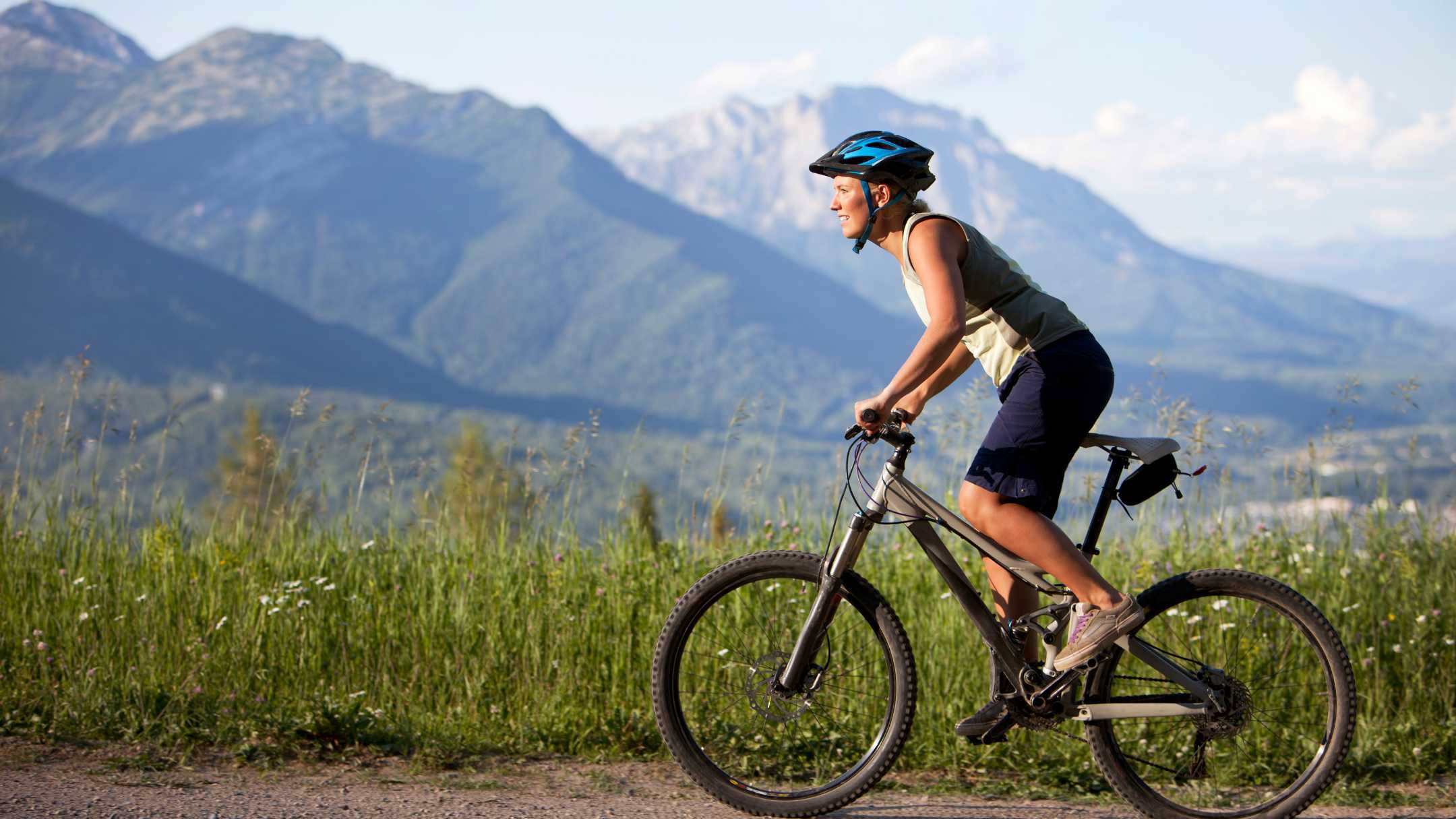 woman cyclist, mountain bike, gravel trail, Full HD Desktop Wallpaper