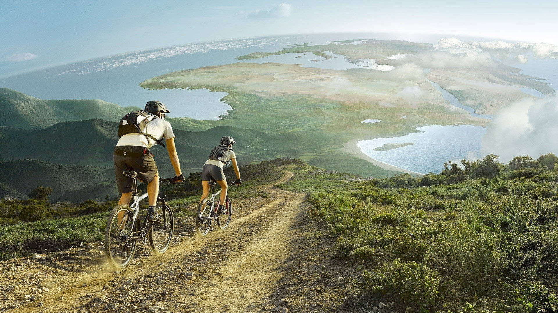 dirt trail, green valley, coastal waters, Full HD Desktop Wallpaper
