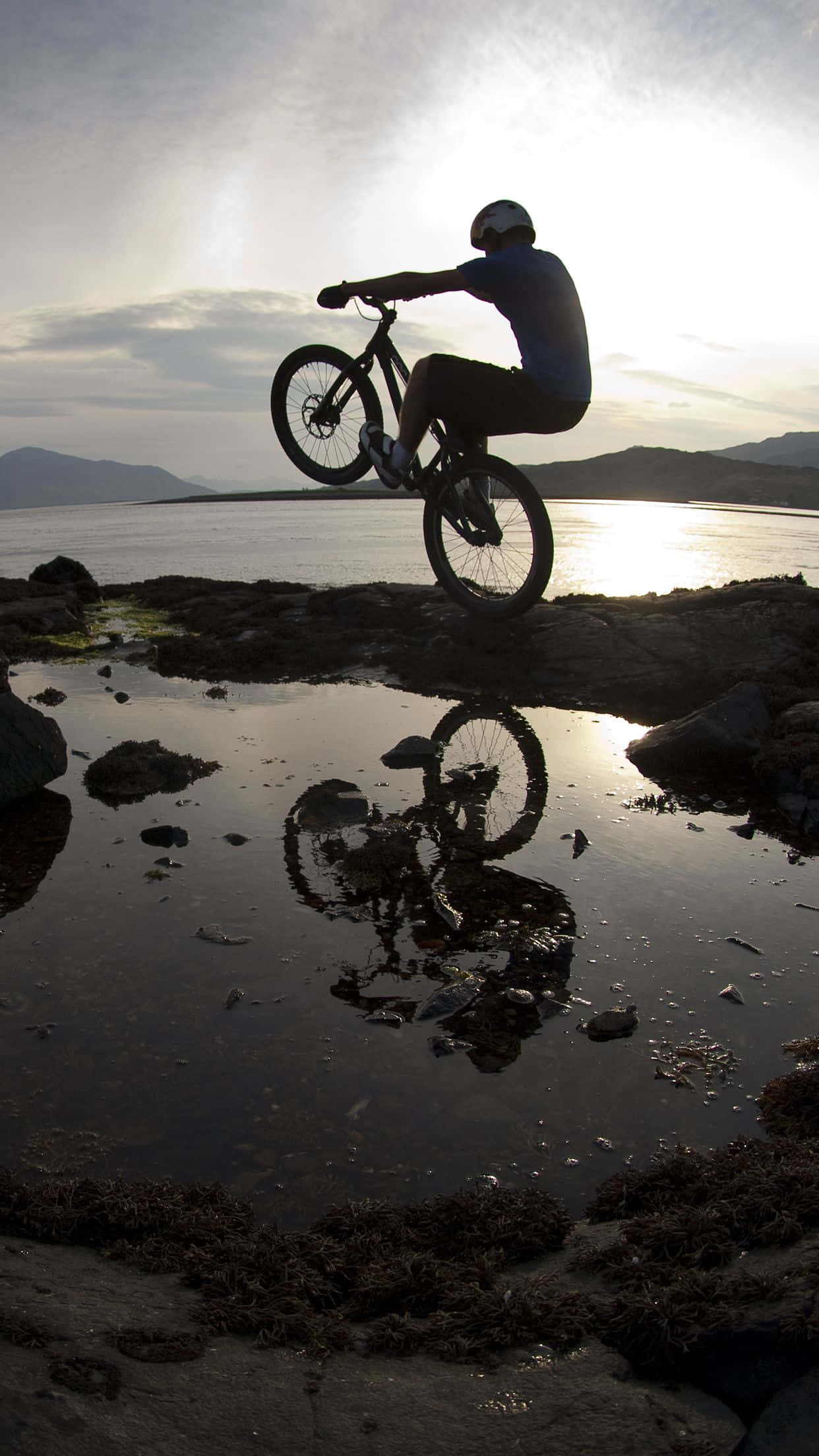 Black And White Shadow Mountain Bike, sunset, tidal pool, Full HD Phone Wallpaper