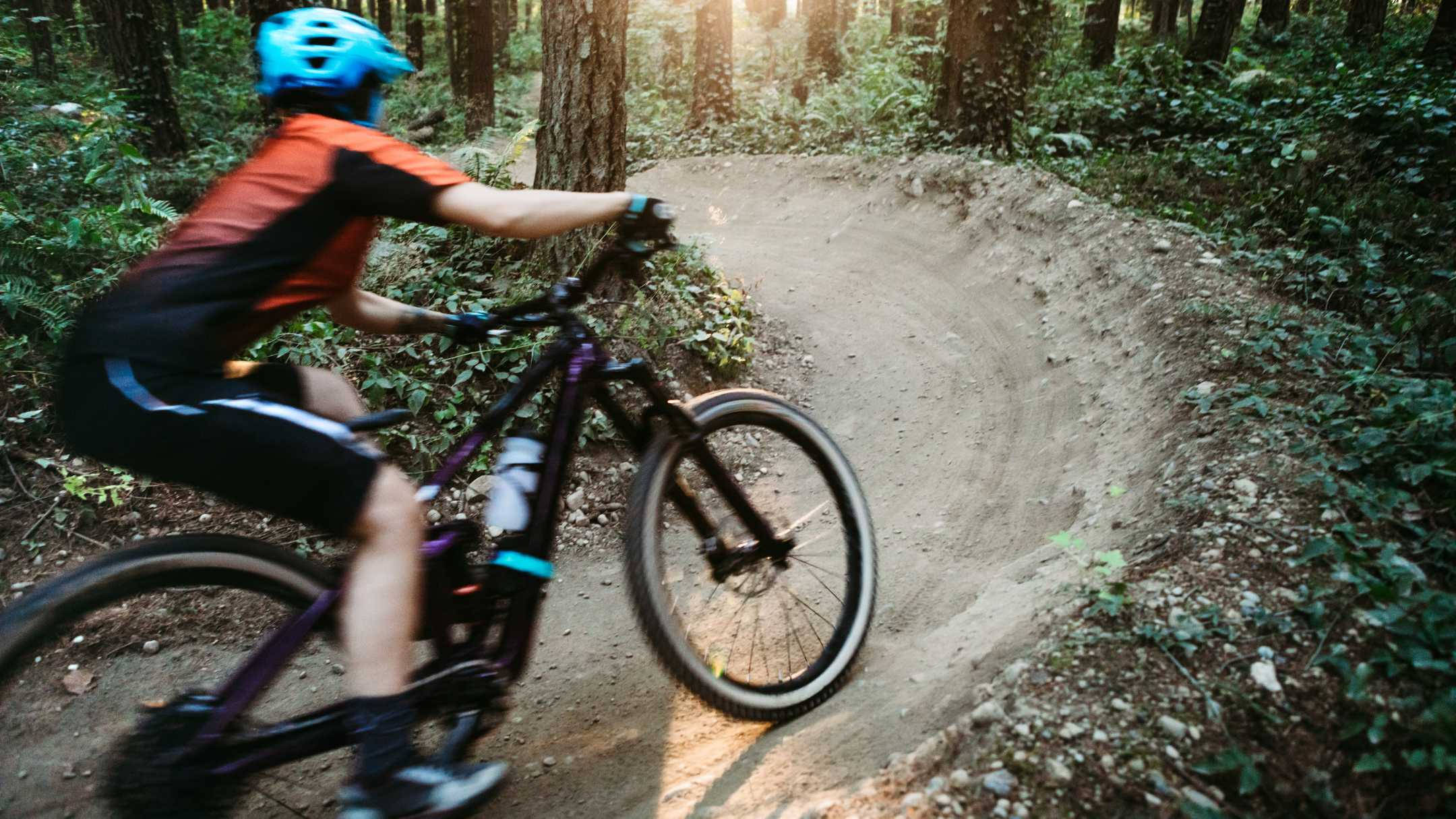 woman mountain biking, blue helmet, dirt trail, Full HD Desktop Wallpaper