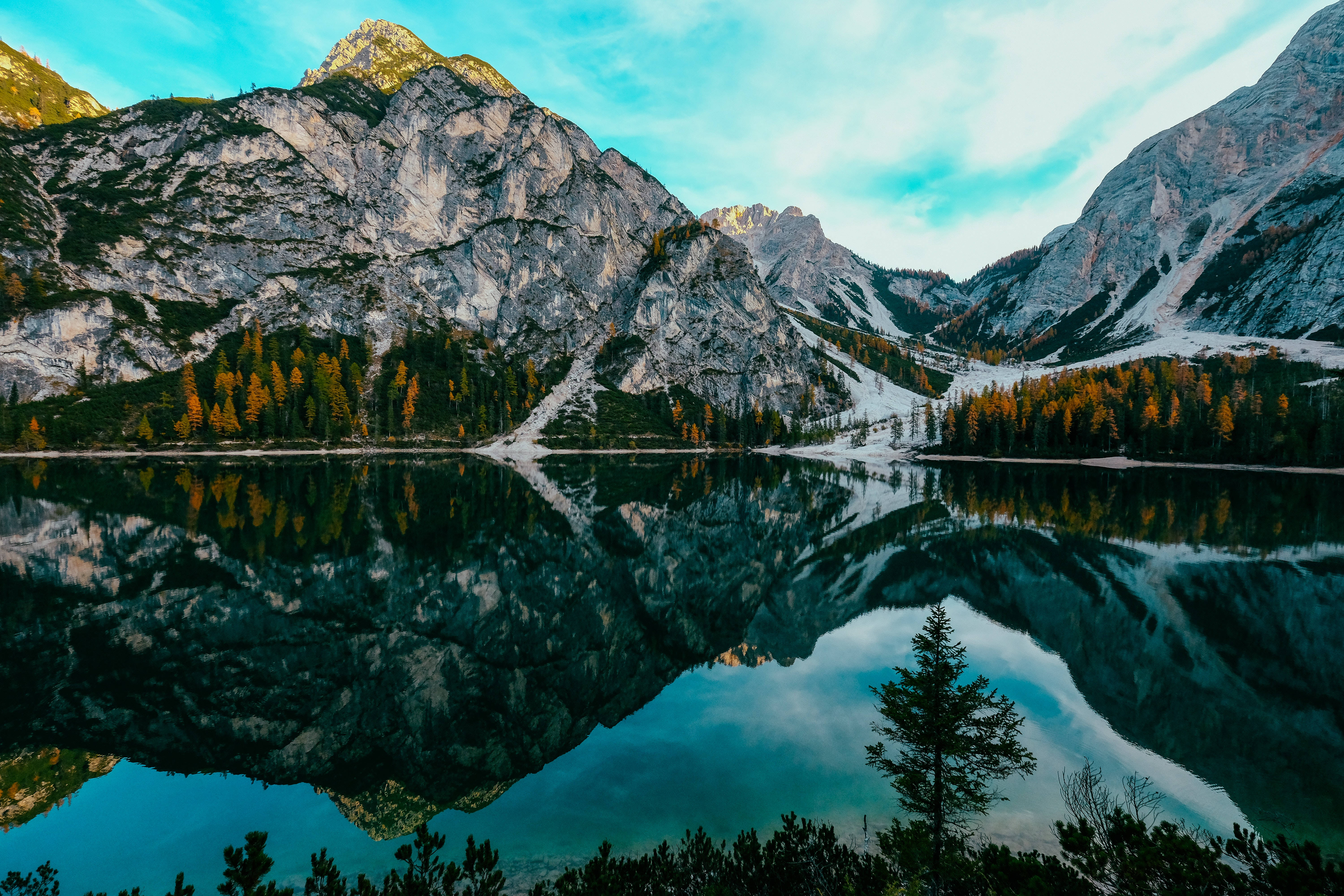 alpine lake, rocky mountains, autumn trees, 5K Desktop Wallpaper