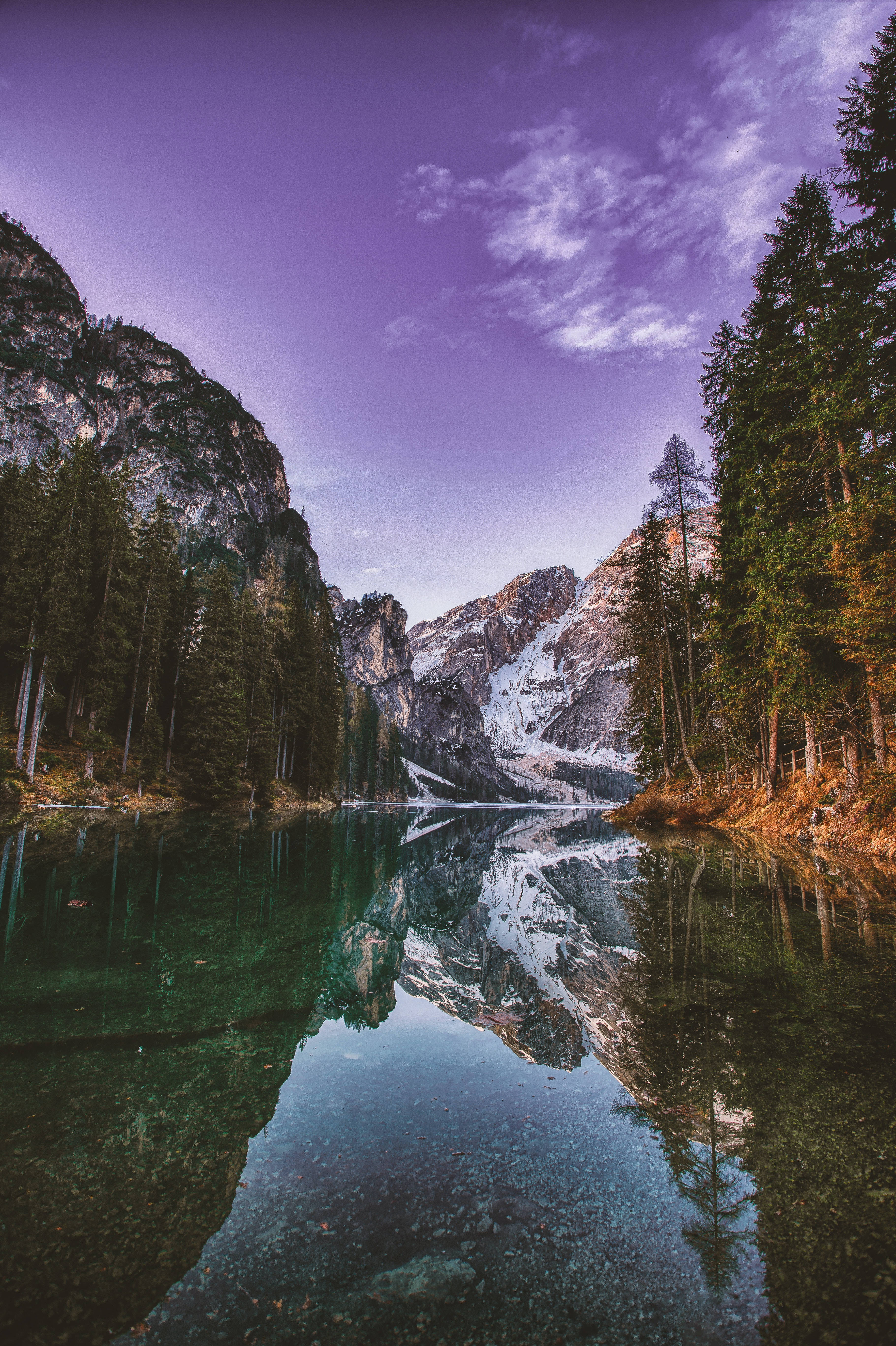 alpine lake, snow-dusted peaks, evergreen trees, 5K Phone Wallpaper