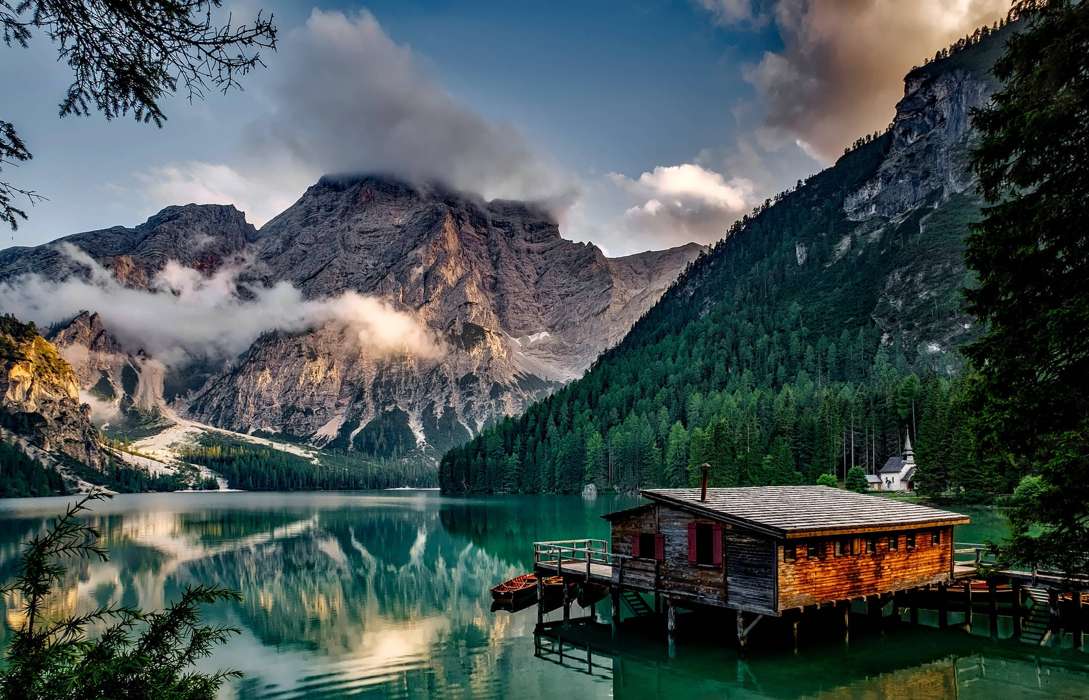 Mountain iPhone, wooden cabin, pier, Full HD Desktop Wallpaper