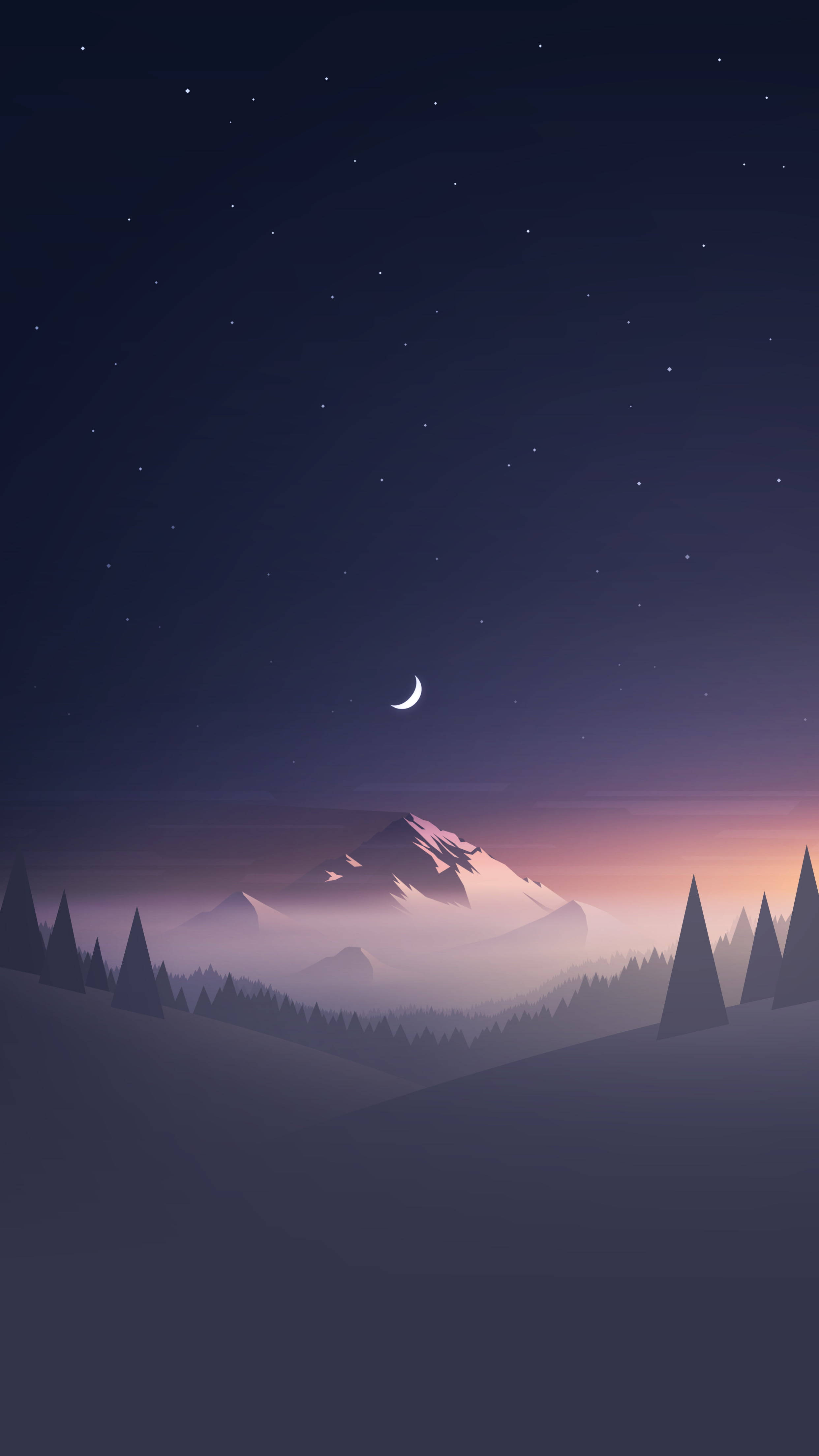 half moon, mountain landscape, crescent moon, 4K Phone Wallpaper