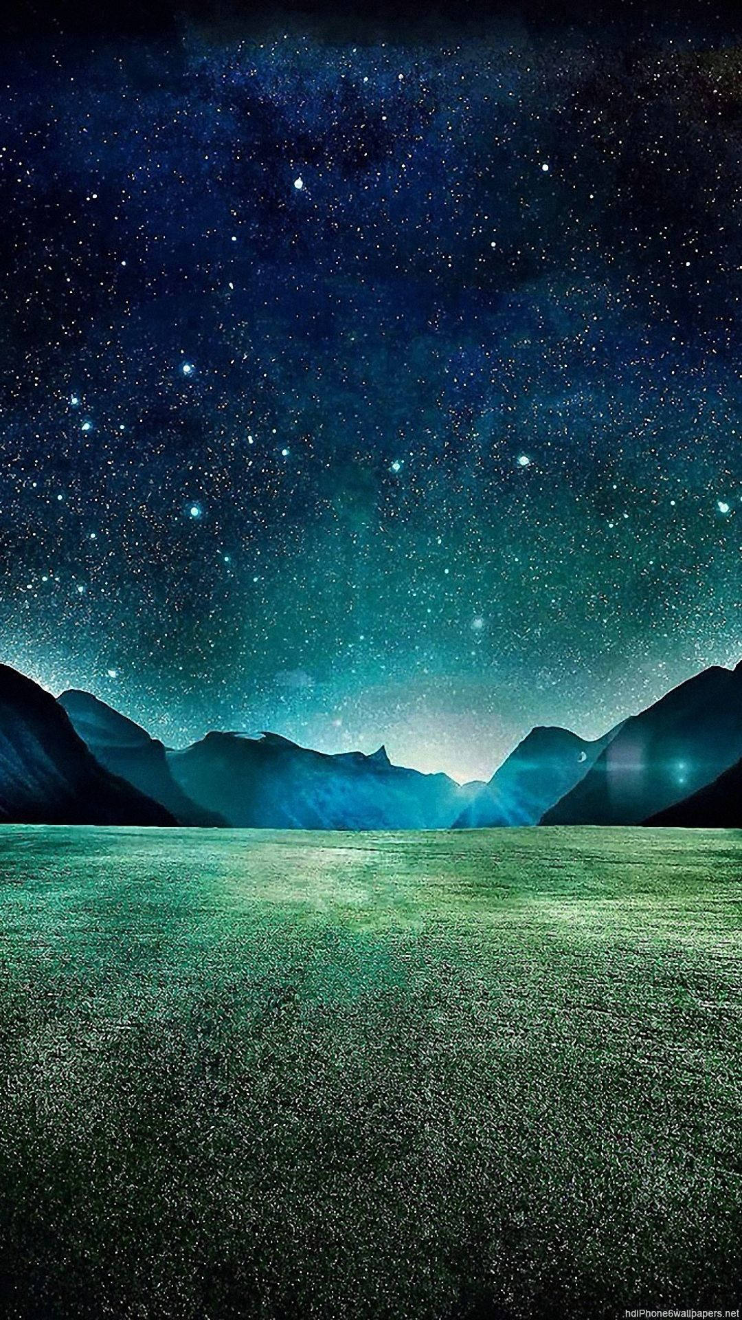 starry night sky, tranquil green field, dark mountains, Full HD Phone Wallpaper