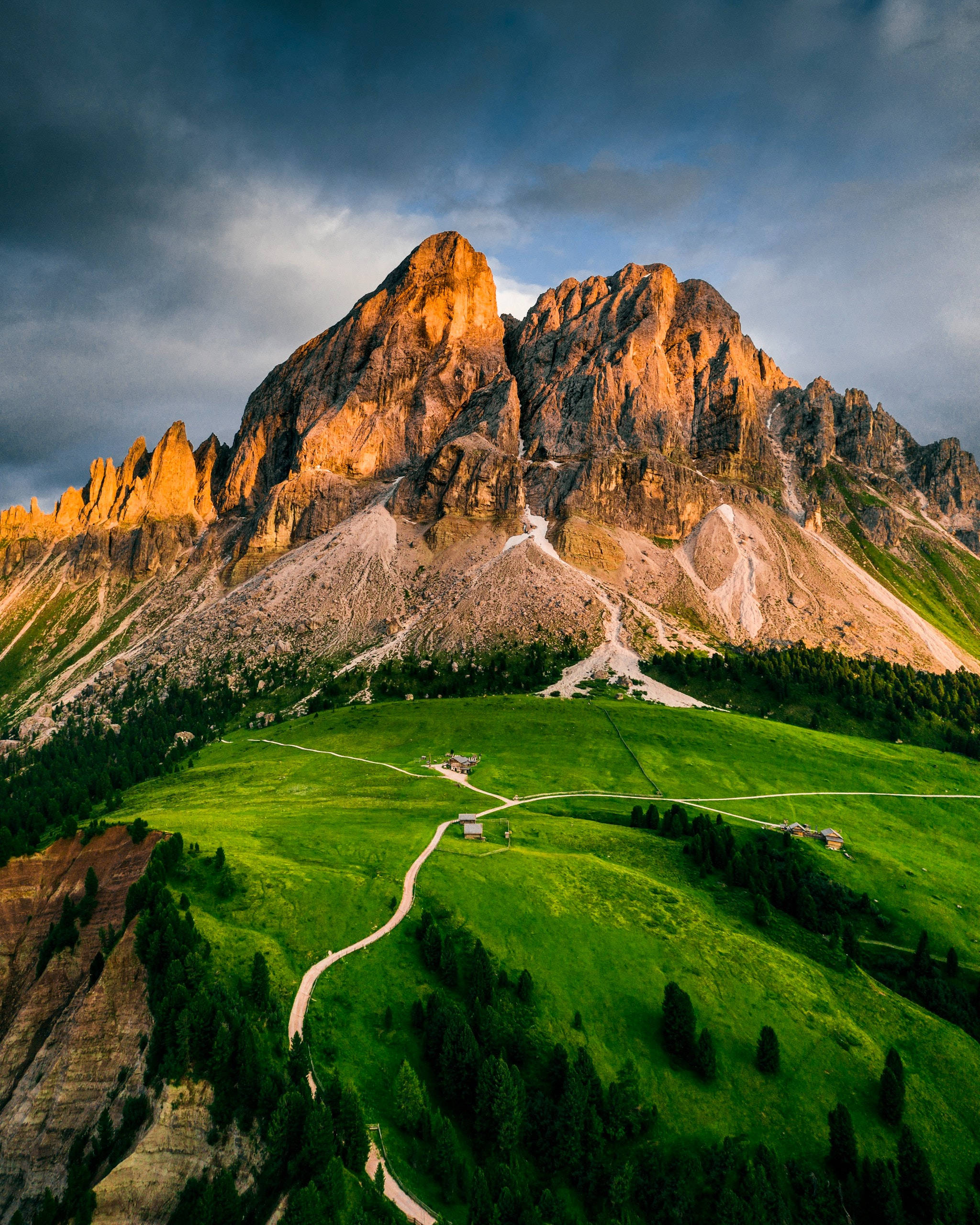 Mountain iPhone, golden sunset light, lush green valley, 2K Phone Wallpaper