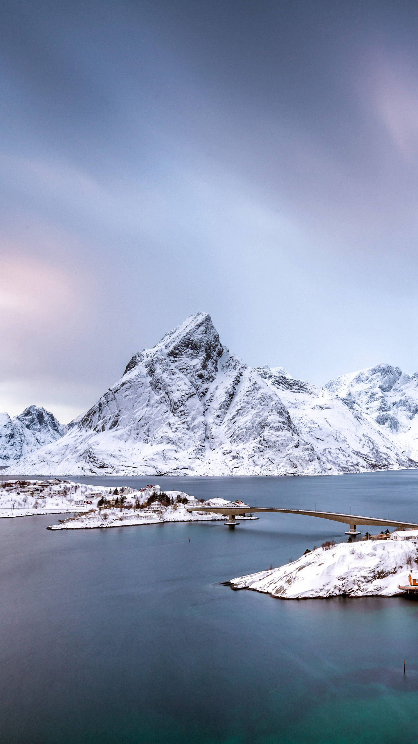 Winter Phone Mountain Bridge, snowcapped mountain, serene fjord, 2K Phone Wallpaper