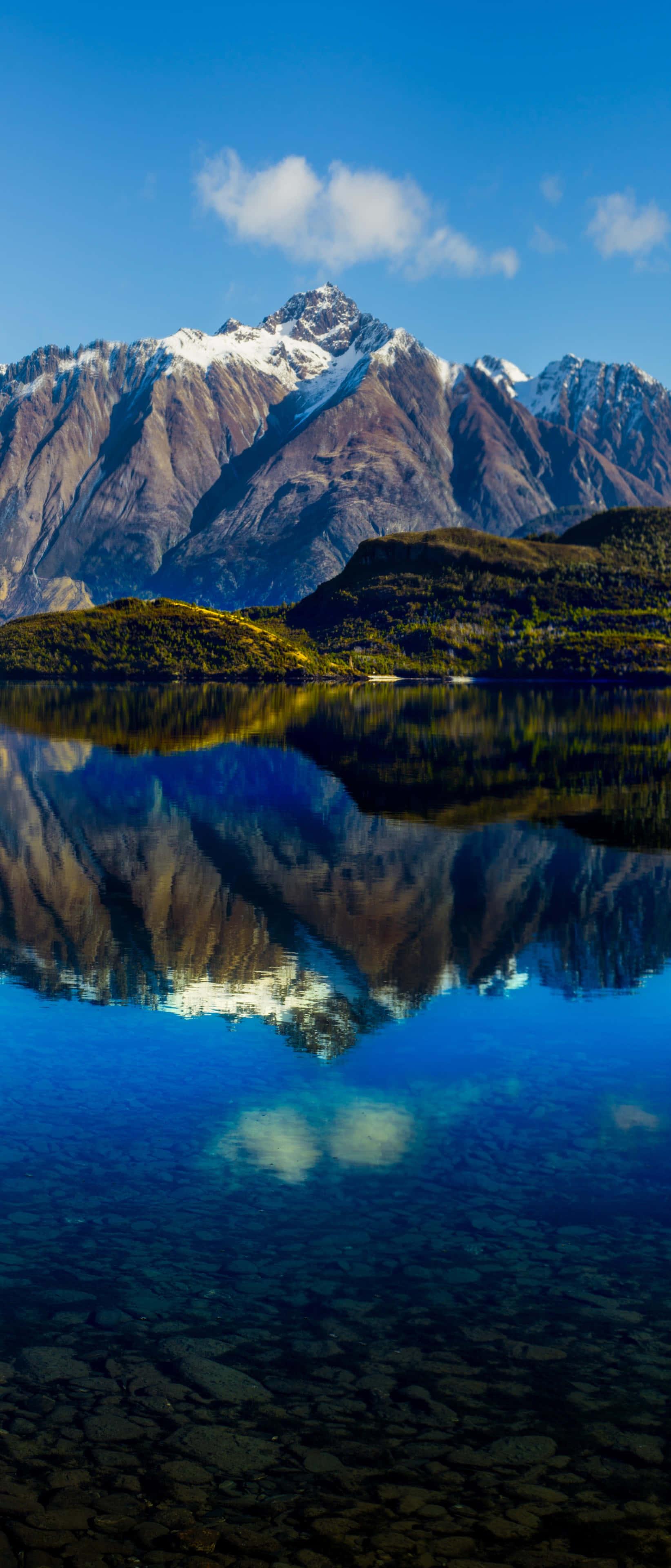 snowcapped mountains, calm lake, clear blue sky, 4K Phone Wallpaper