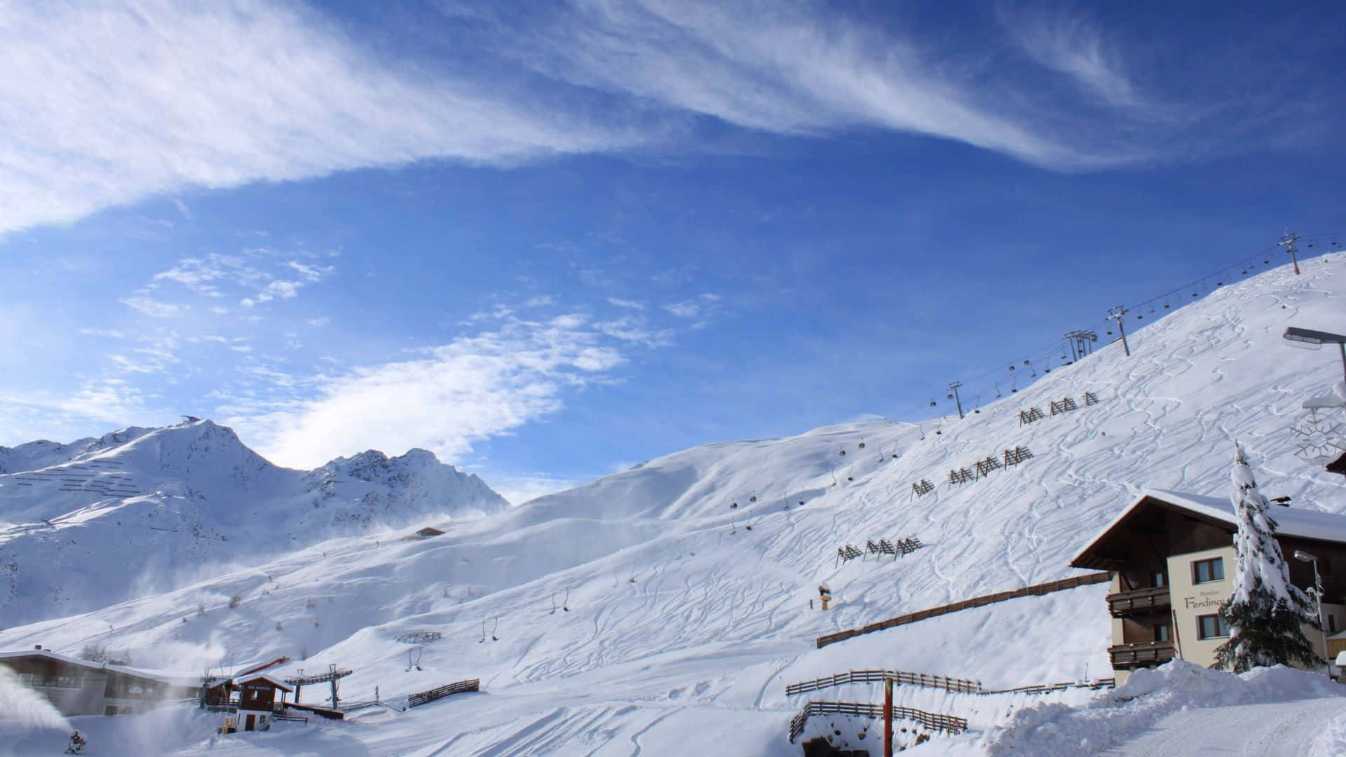 mountain peak, snowy ski slopes, bright blue sky, Full HD Desktop Wallpaper