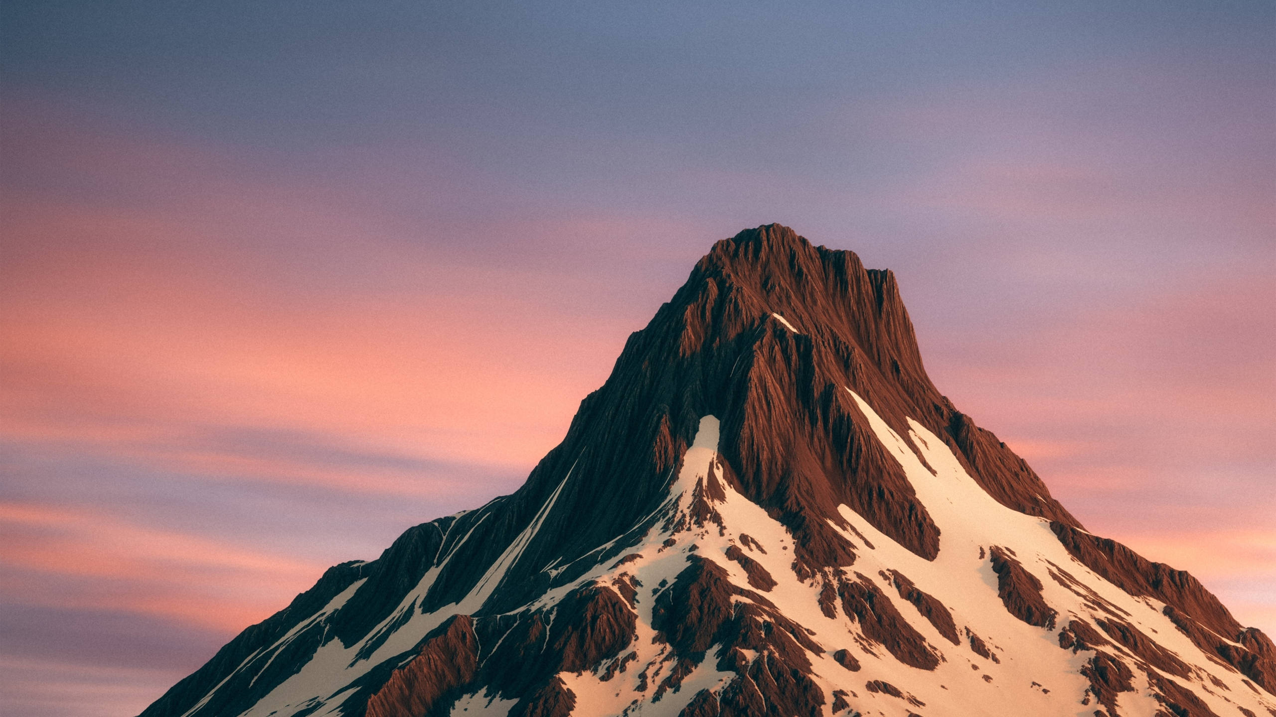 snow-capped mountain peak, soft pink and purple twilight sky, jagged mountain peak, 2K Desktop Wallpaper