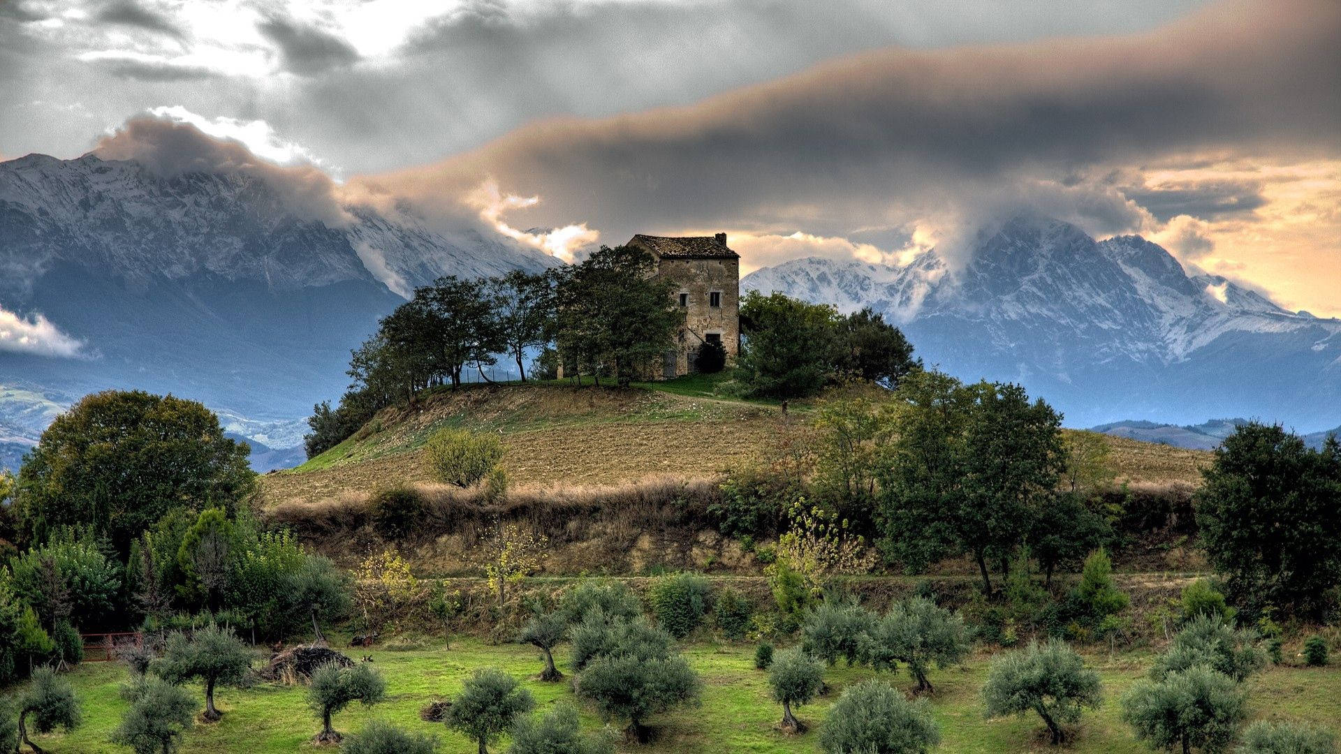 weathered stone tower, grassy hill, olive trees, Full HD Desktop Wallpaper