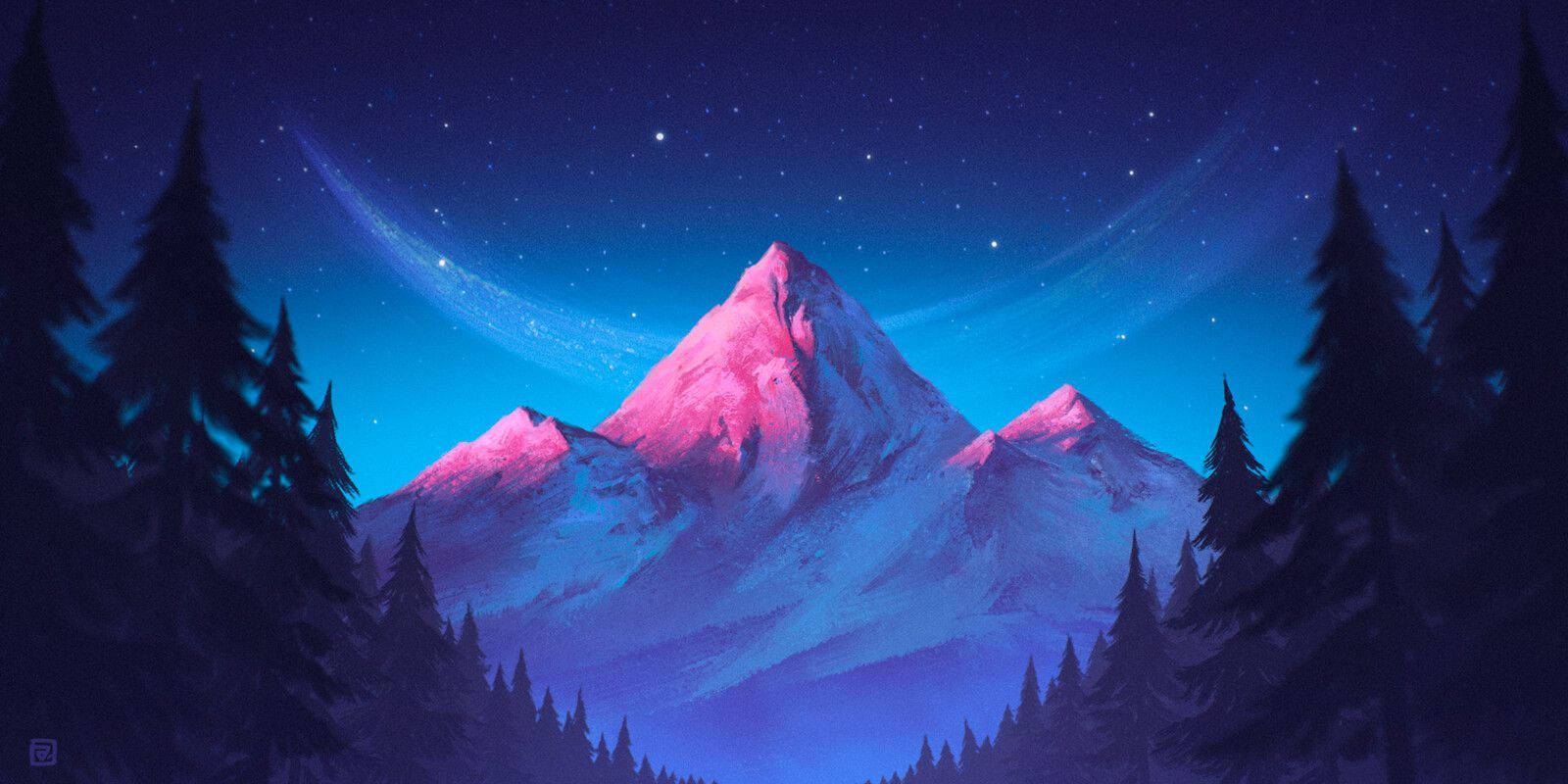 Mountain Peak, pink tonal gradation, starry night sky, HD Desktop Wallpaper