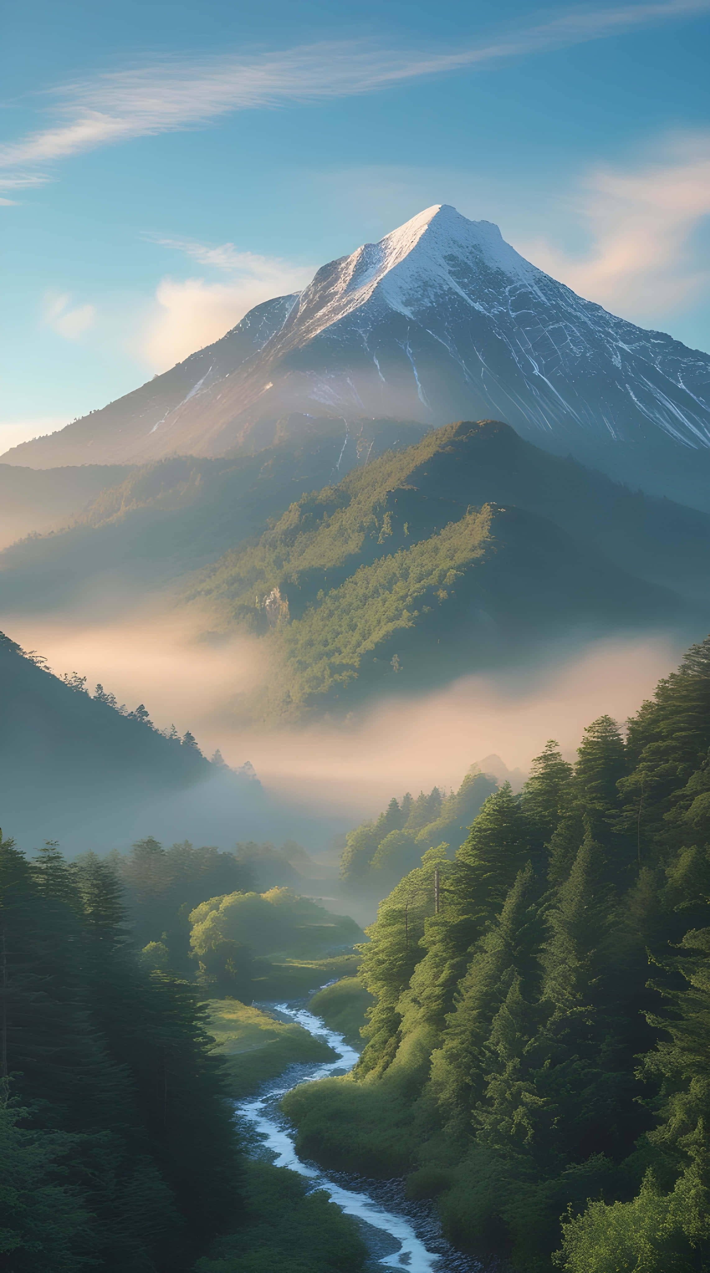 snowcapped mountain, misty forests, winding river, 4K Phone Wallpaper