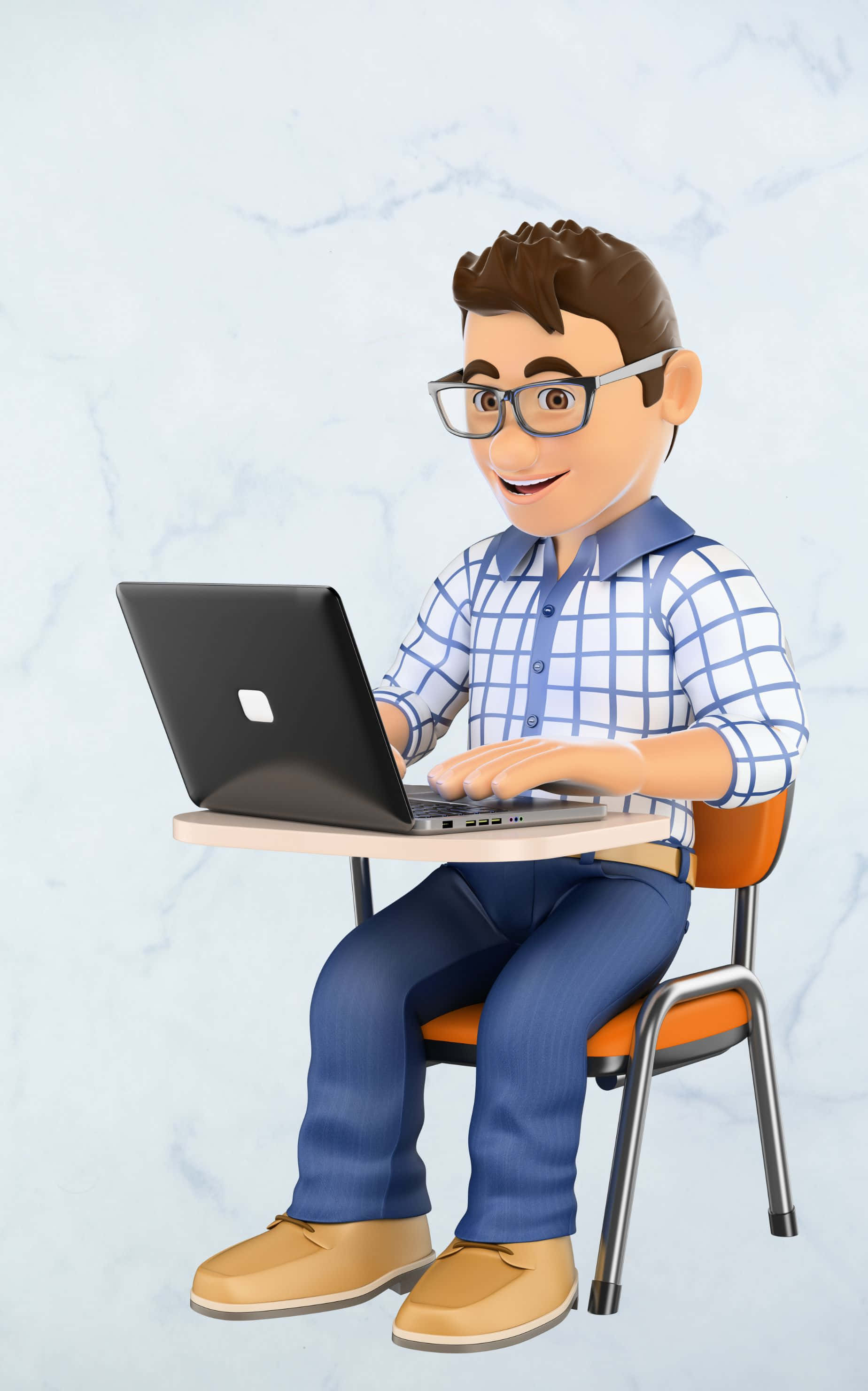 3d-rendered man with glasses, small desk, laptop, 2K Phone Wallpaper
