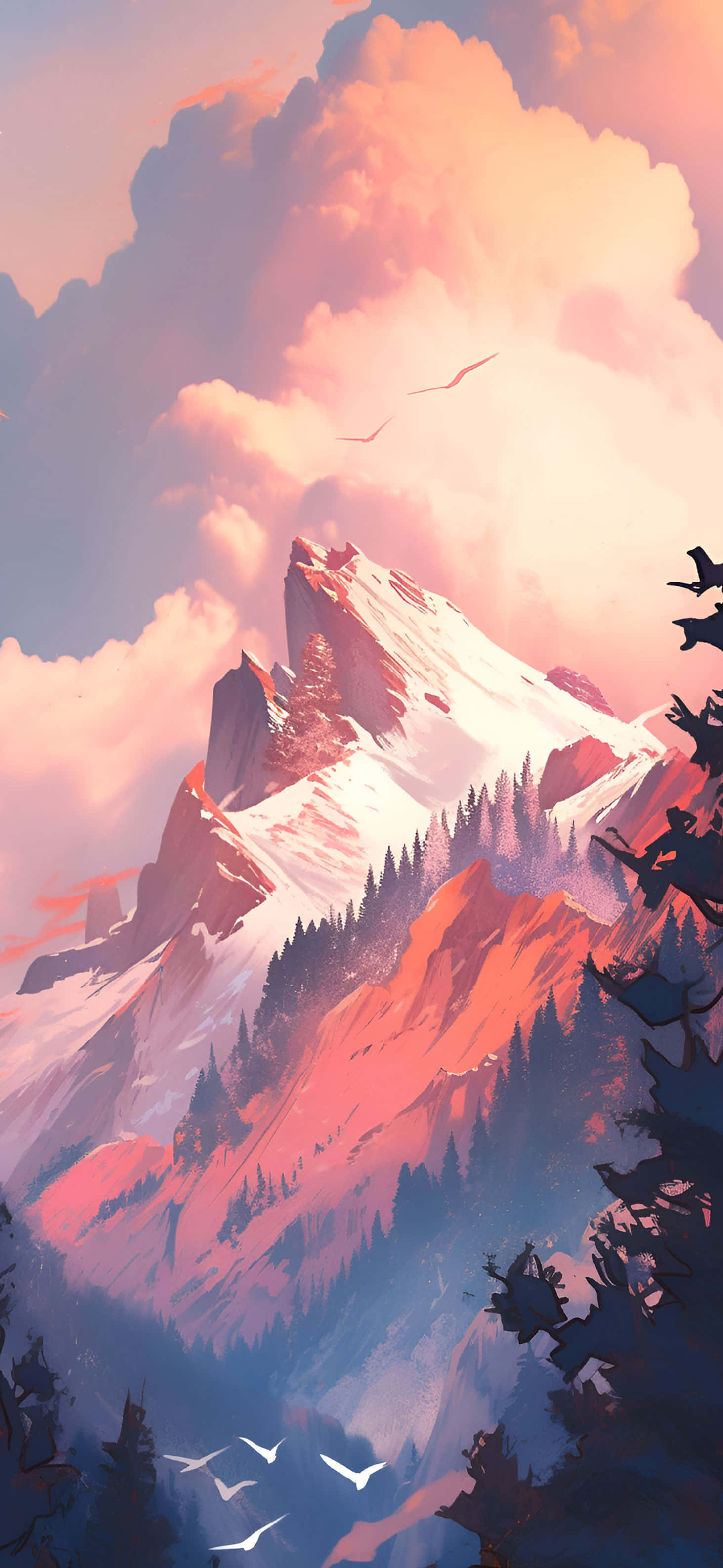 sunset glow, mountain peak, pink and orange clouds, 2K Phone Wallpaper