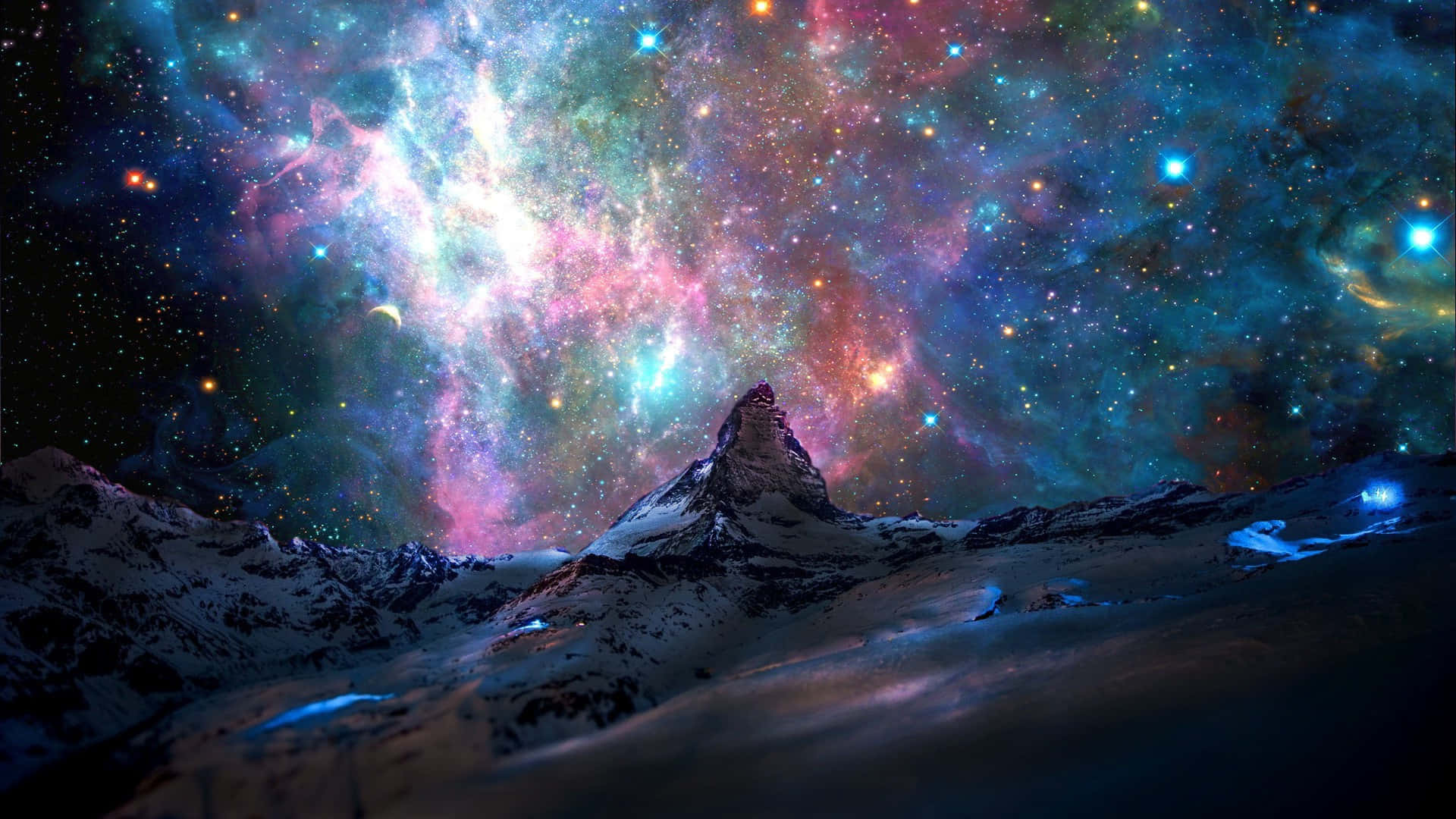 Cosmic Mountain View, snowy mountain peak, vibrant cosmic nebula, Full HD Desktop Wallpaper