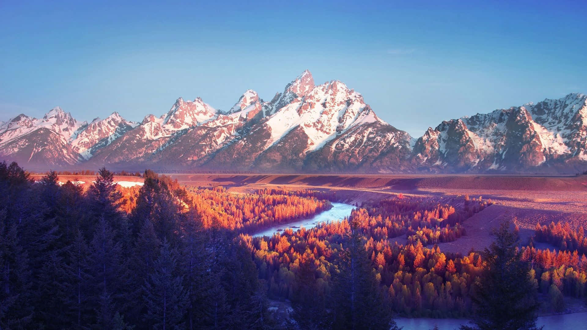 mountain scenery, snowcapped mountains, winding river, Full HD Desktop Wallpaper