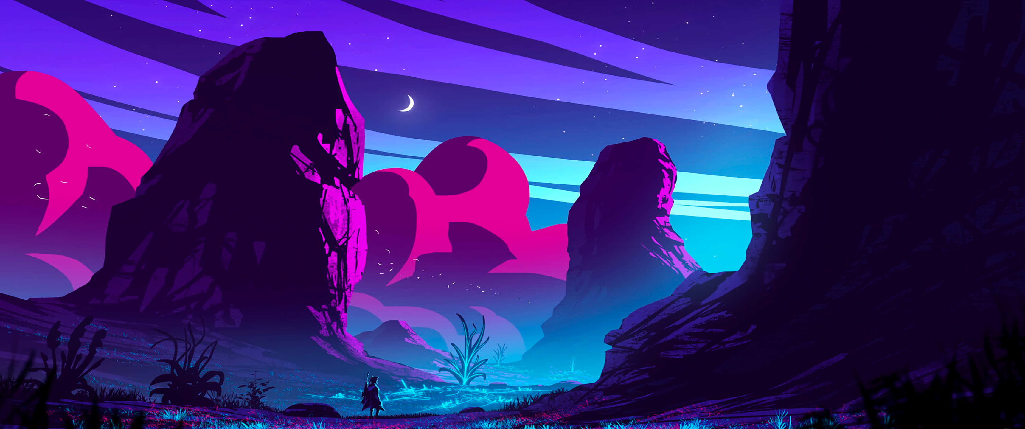 3440x1440, neon, twilight sky, 2K Desktop Wallpaper