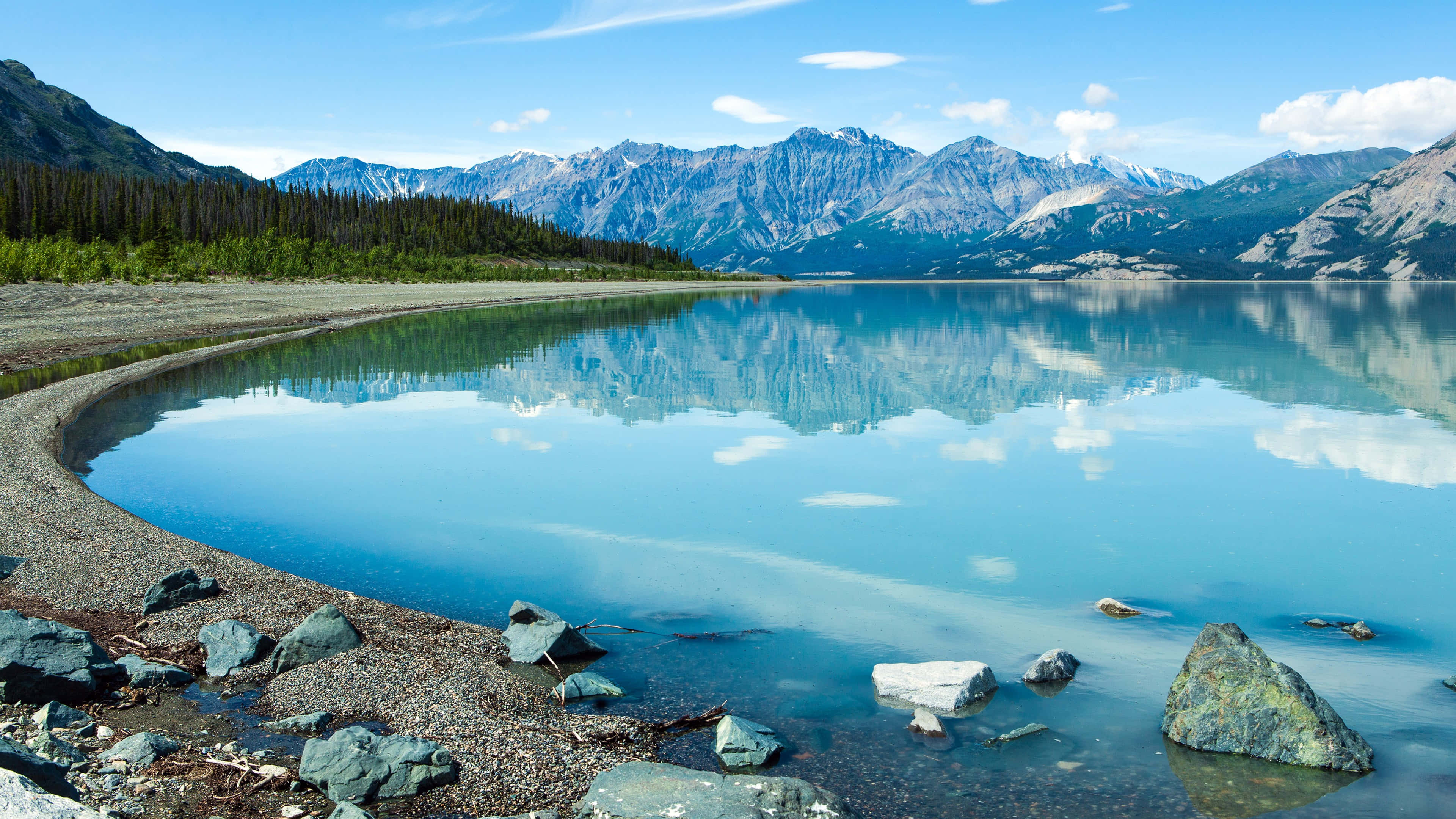 alpine lake, snow-capped mountains, blue sky, 4K Desktop Wallpaper