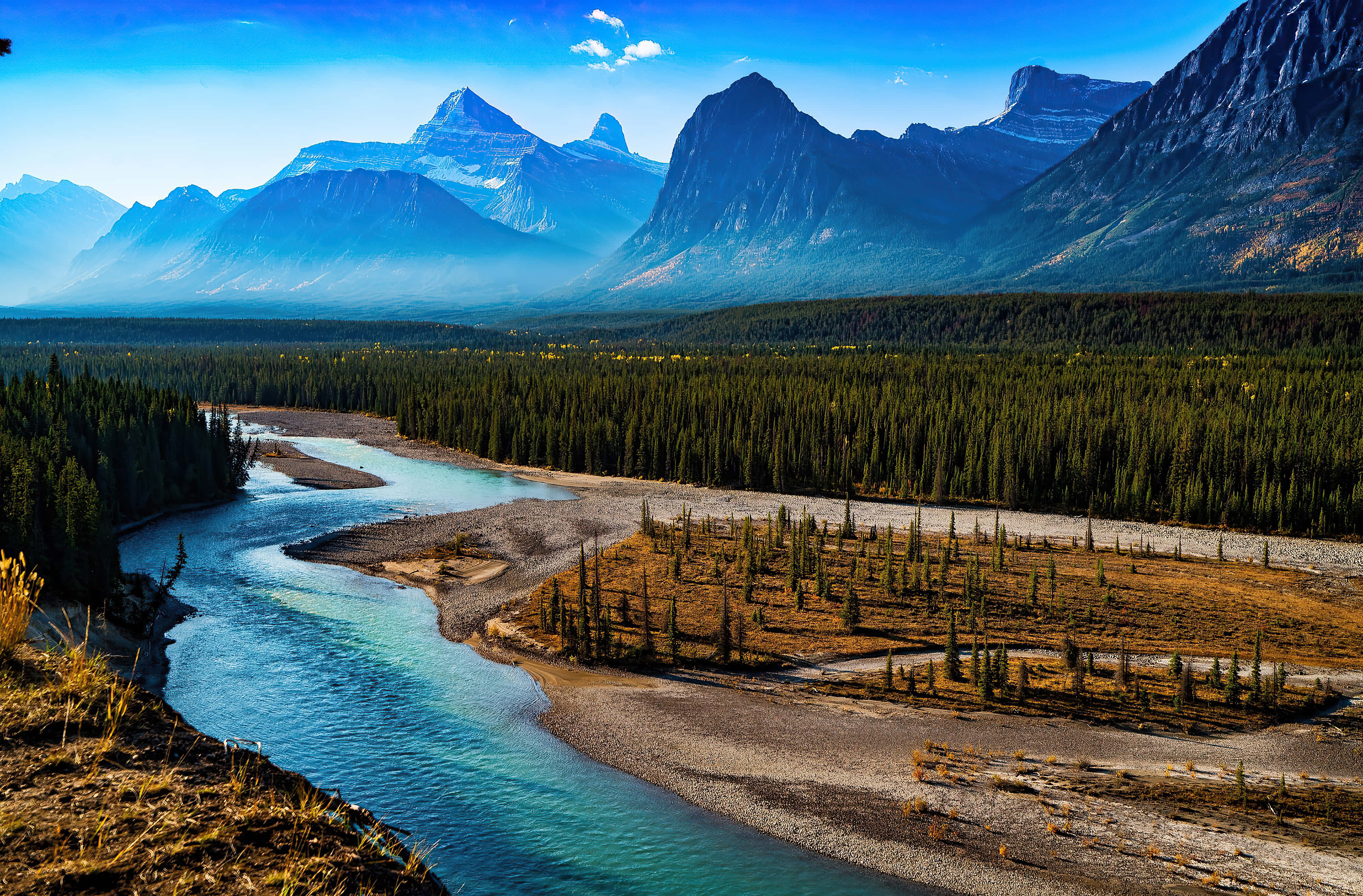 mountain scenery, turquoise river, snow-capped mountains, 4K Desktop Wallpaper