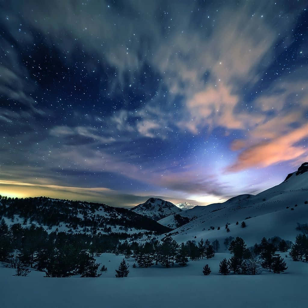 Winter Nature iPad, snowy mountain peaks, starry night sky, SD Desktop Wallpaper