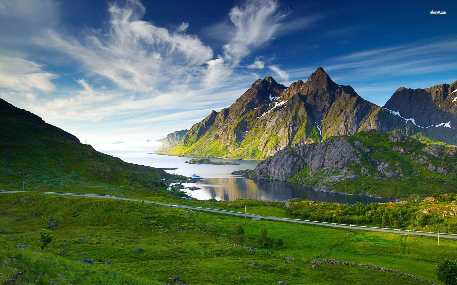 Scandinavian fjord, rocky mountain landscape, vibrant green hills, Full HD Desktop Wallpaper