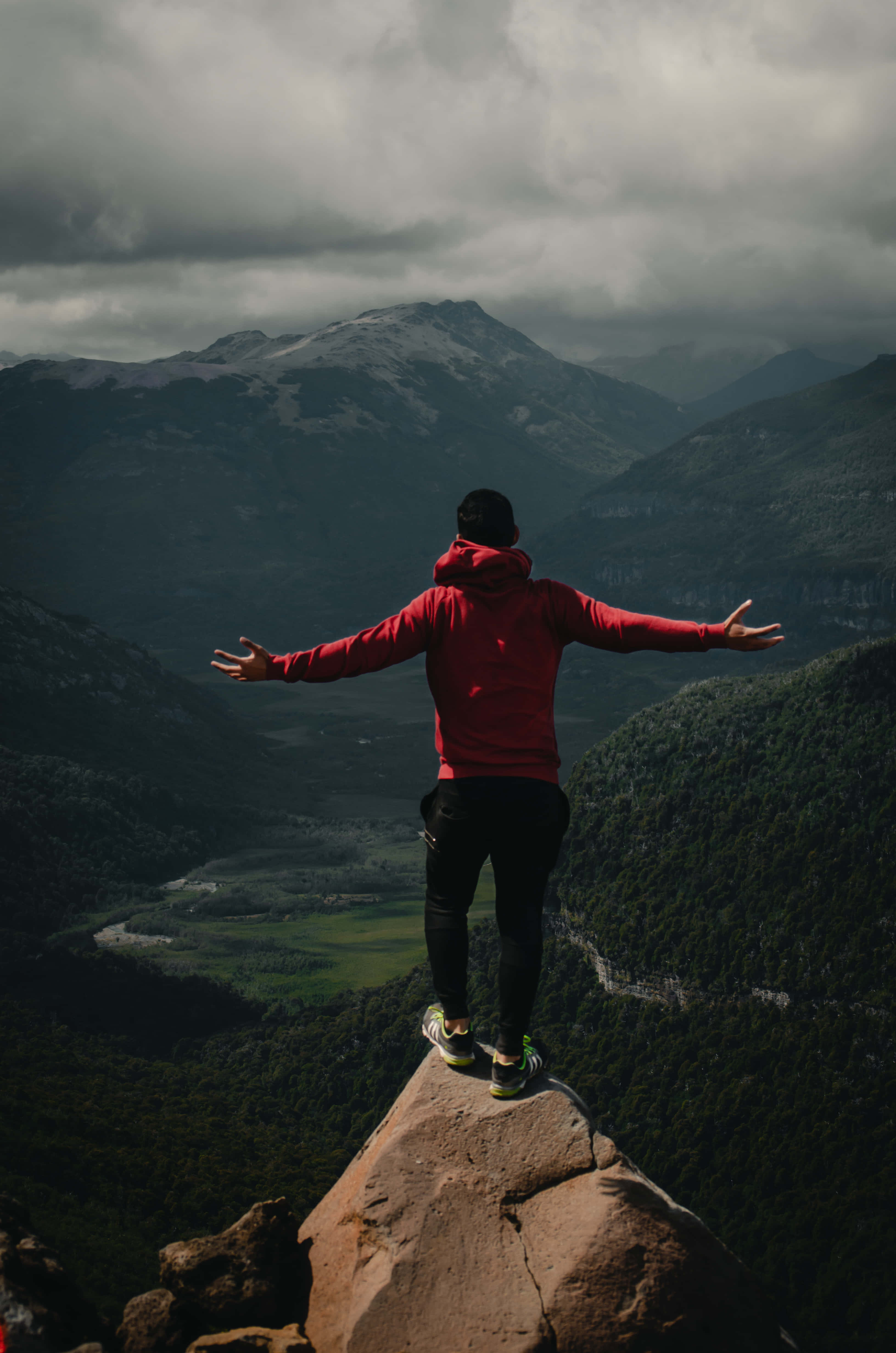 red hoodie, rocky peak, mountain valley, 4K Phone Wallpaper