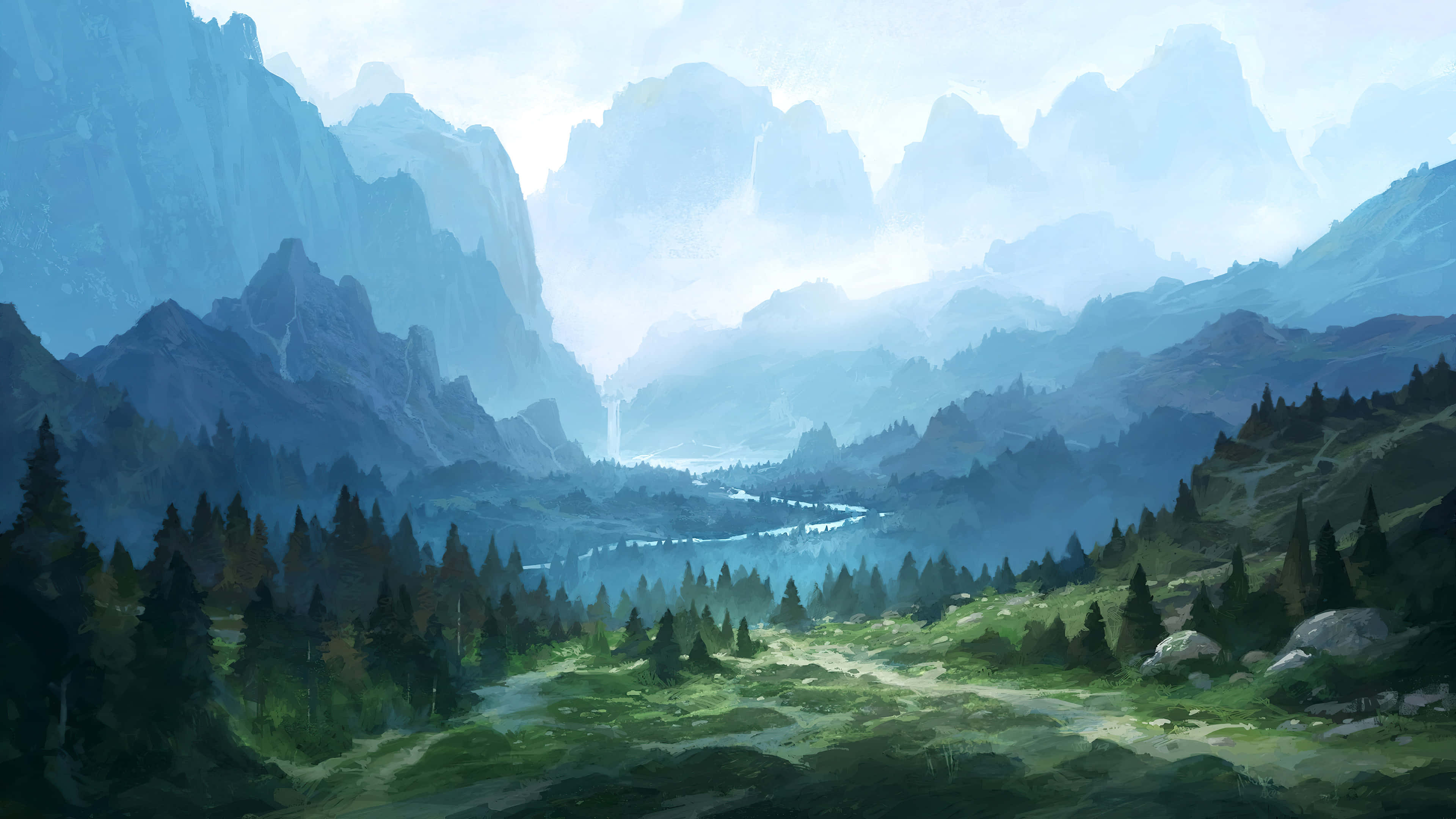 misty mountain landscape, winding river, dense forests, 4K Desktop Wallpaper
