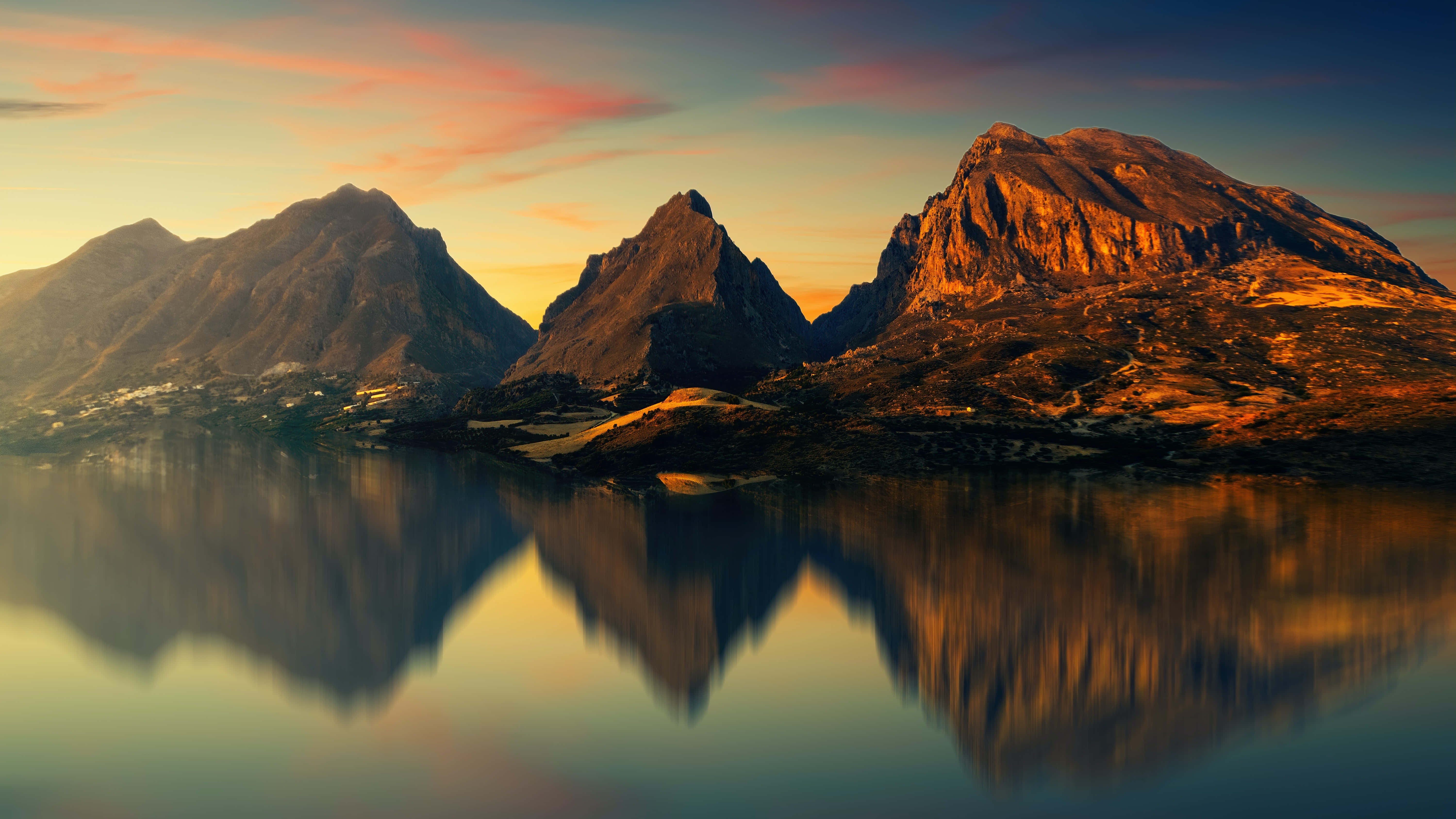 majestic mountains, calm waters, warm sunset sky, 5K Desktop Wallpaper