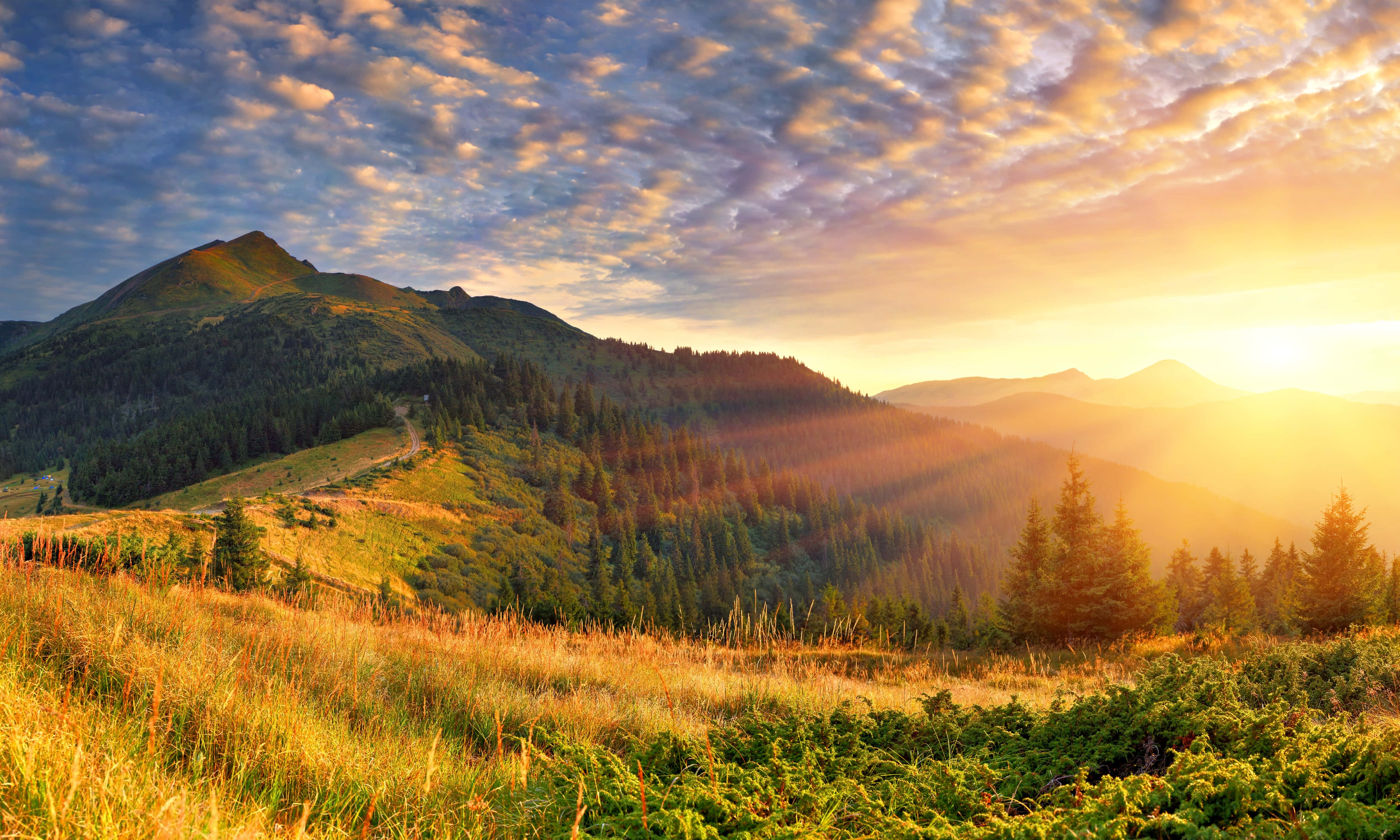 mountain range, golden hues, vibrant sky, 4K Desktop Wallpaper