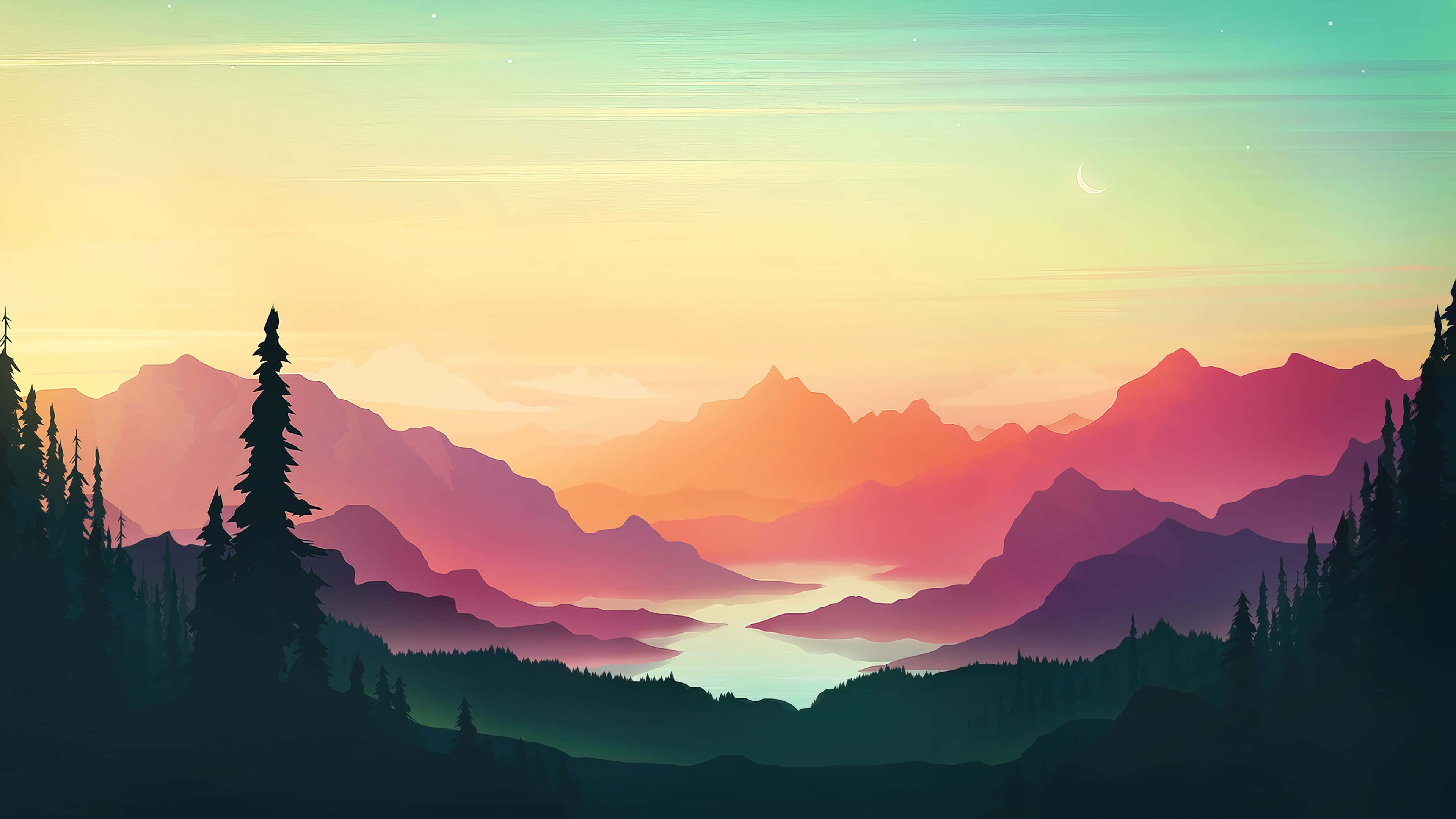 mountain valley, twilight hues, layered peaks, 4K Desktop Wallpaper