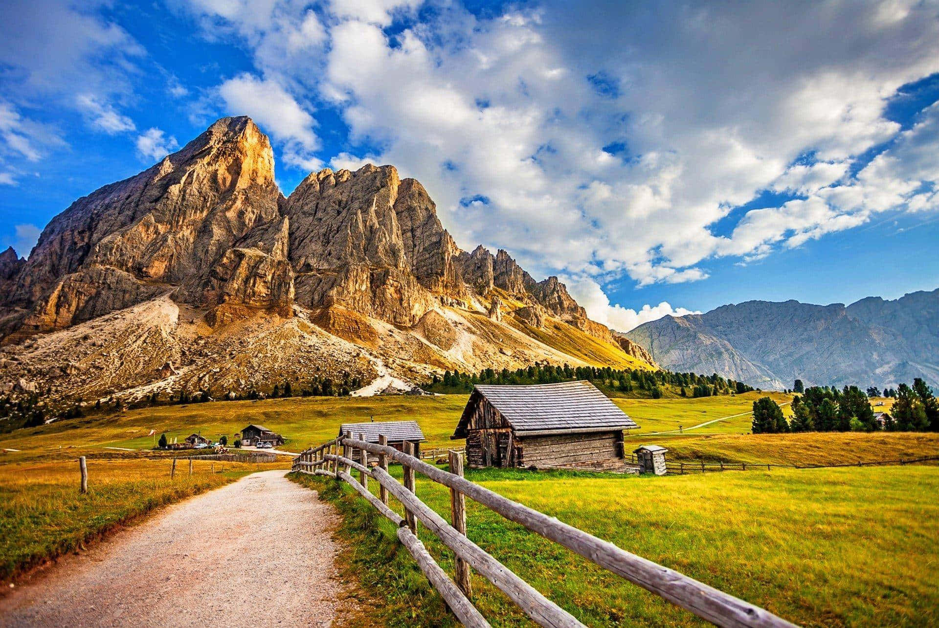 mountain scape, dirt path, rustic wooden cabin, Full HD Desktop Wallpaper