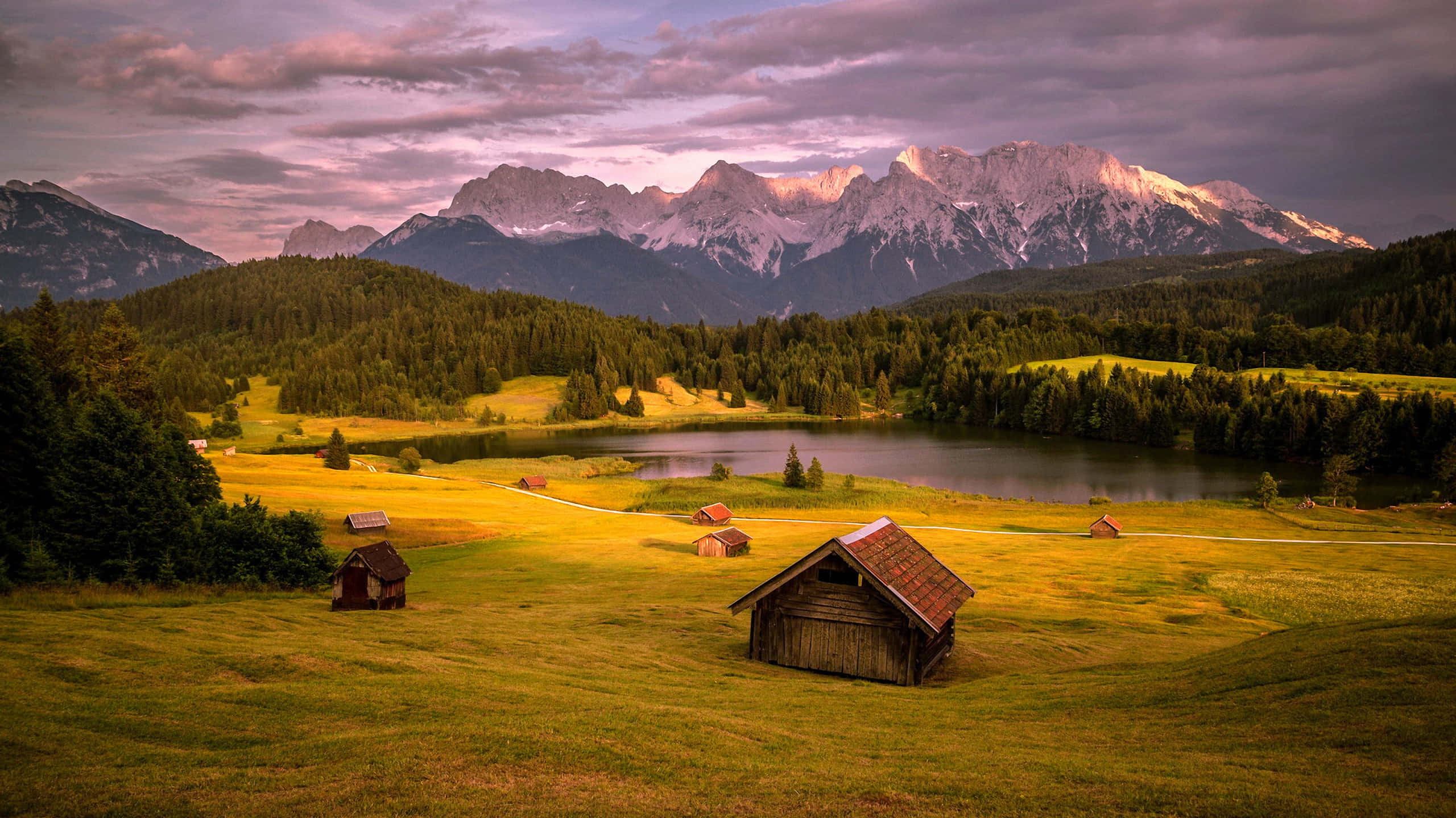 alpine meadow, wooden cabins, lake, 2K Desktop Wallpaper