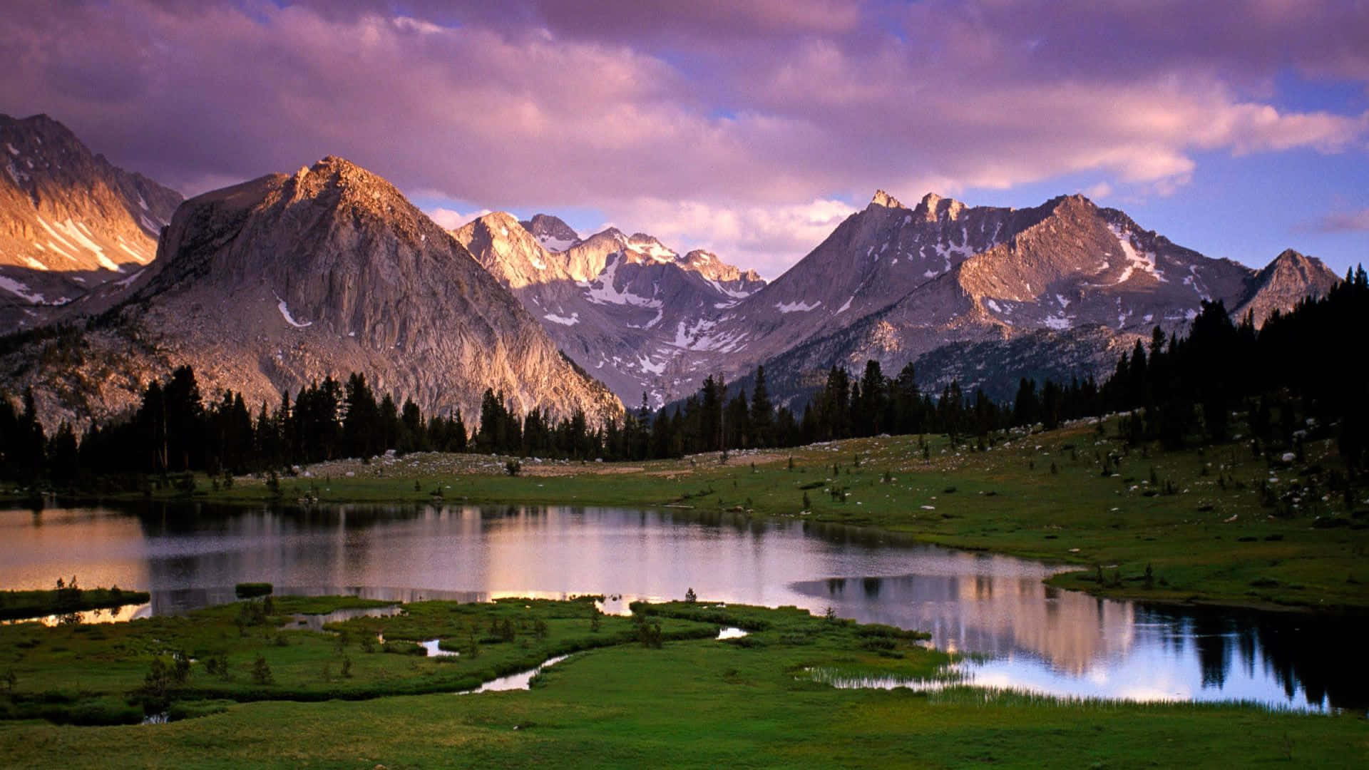 alpine lake, snow-dusted peaks, purple sunset sky, Full HD Desktop Wallpaper