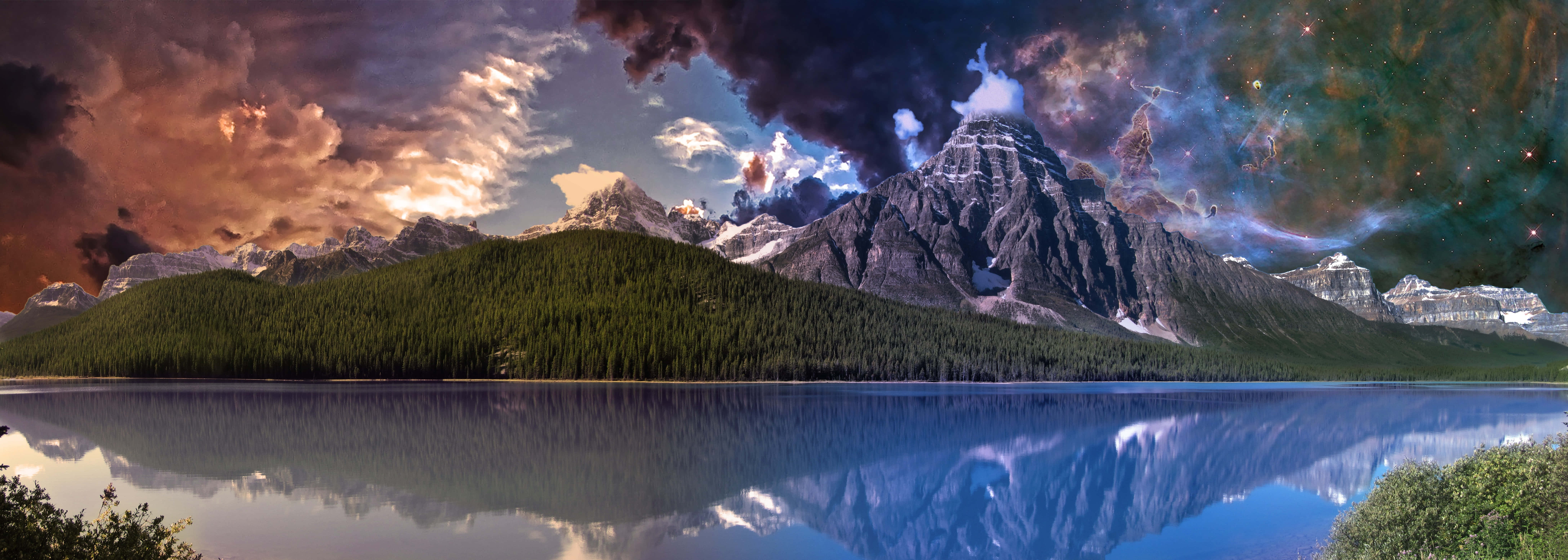 mountain range, snow-capped peaks, dense forests, 8K Desktop Wallpaper