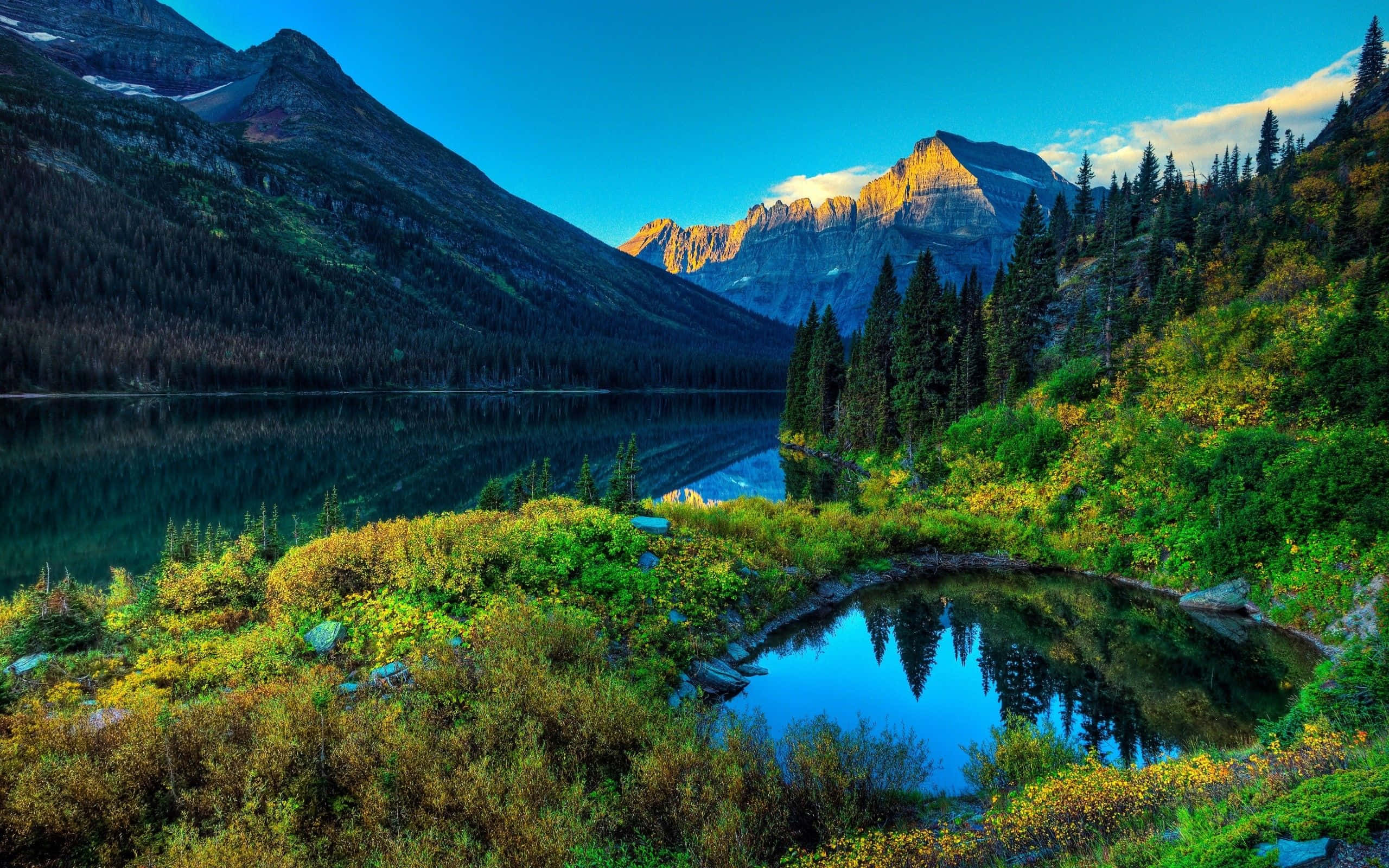 alpine lake, snow-covered mountains, evergreen forests, 2K Desktop Wallpaper