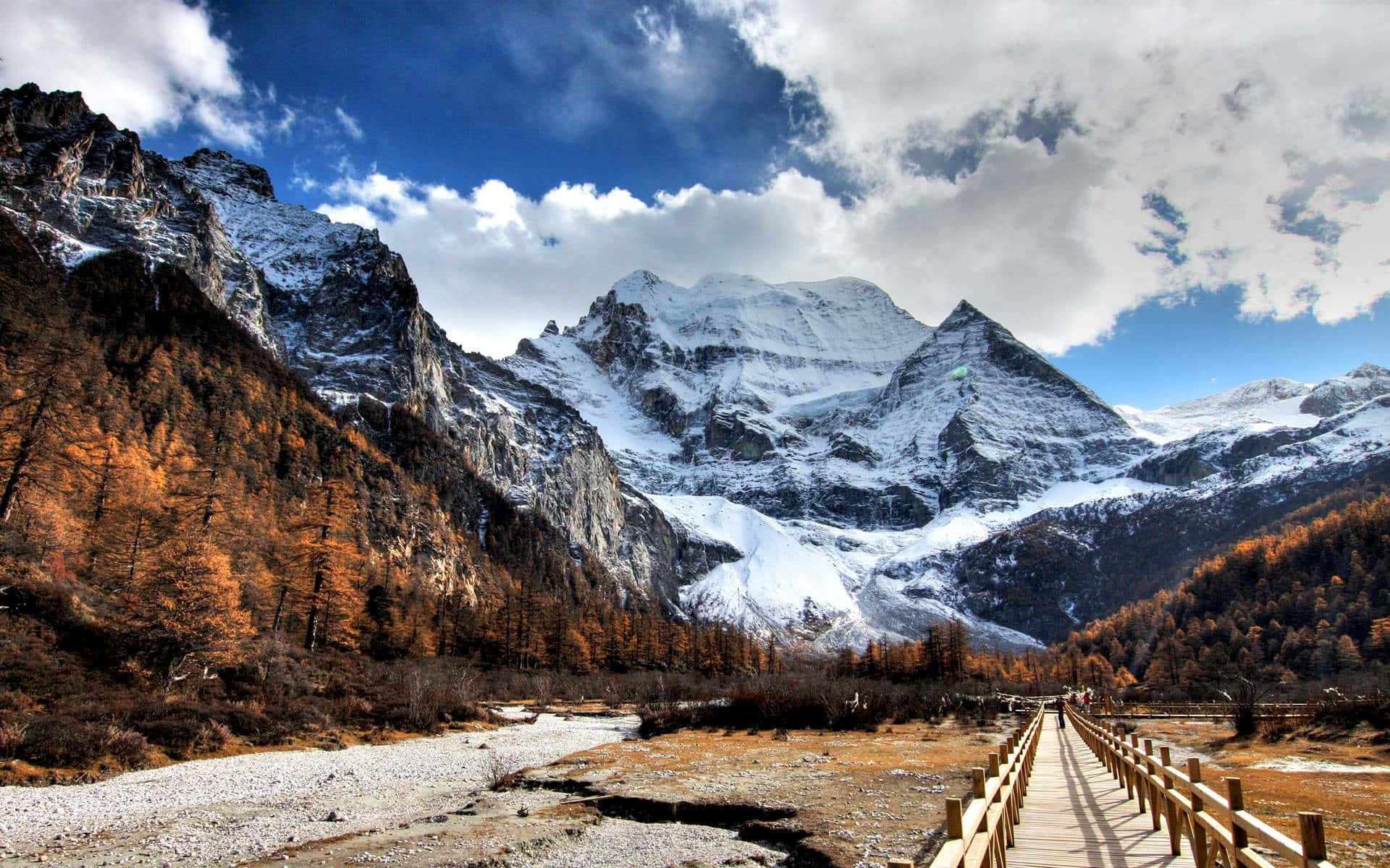 snow-capped mountains, wooden boardwalk, autumnal forests, Full HD Desktop Wallpaper