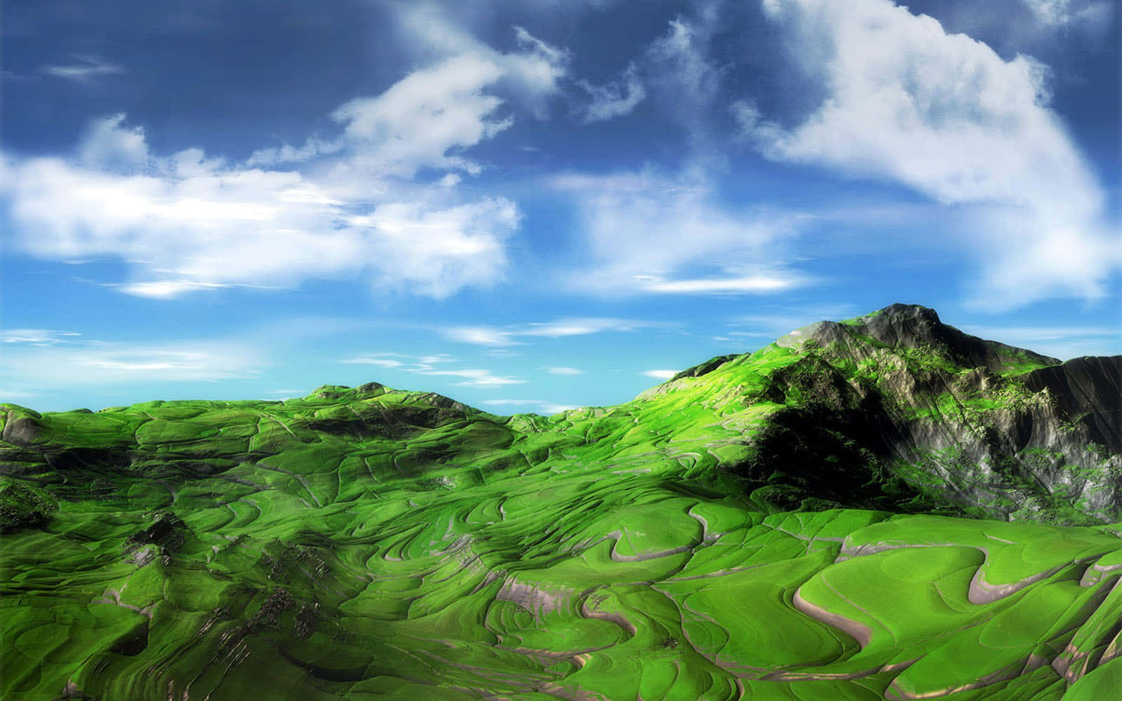 Majestic peaks, early morning sun, vibrant green terraced hills, HD Desktop Wallpaper