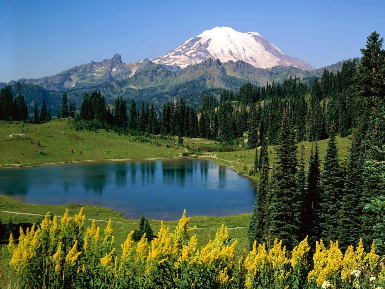 alpine lake, snowcapped mountain, clear blue sky, HD Desktop Wallpaper