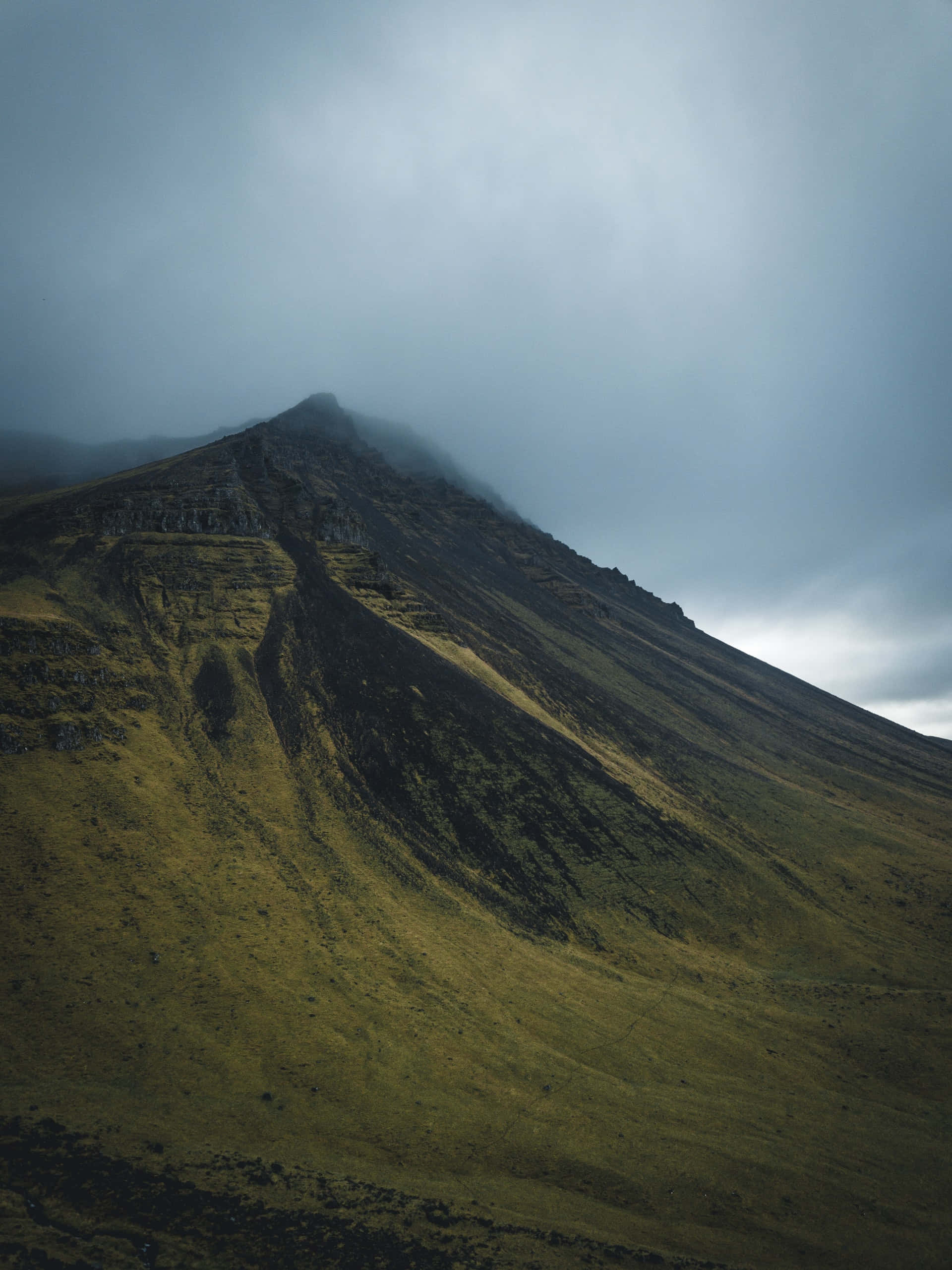 mountain peak, mist, moody gray sky, 2K Phone Wallpaper
