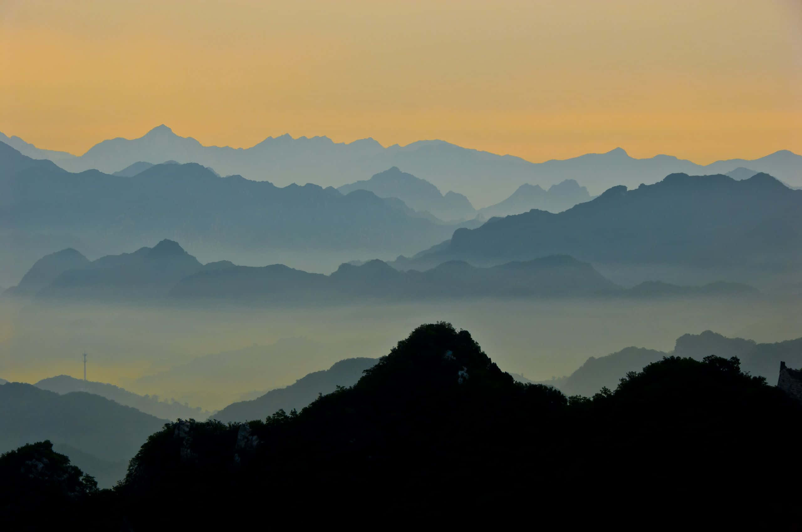 Chrome OS, morning fog, mountain ridges, 2K Desktop Wallpaper